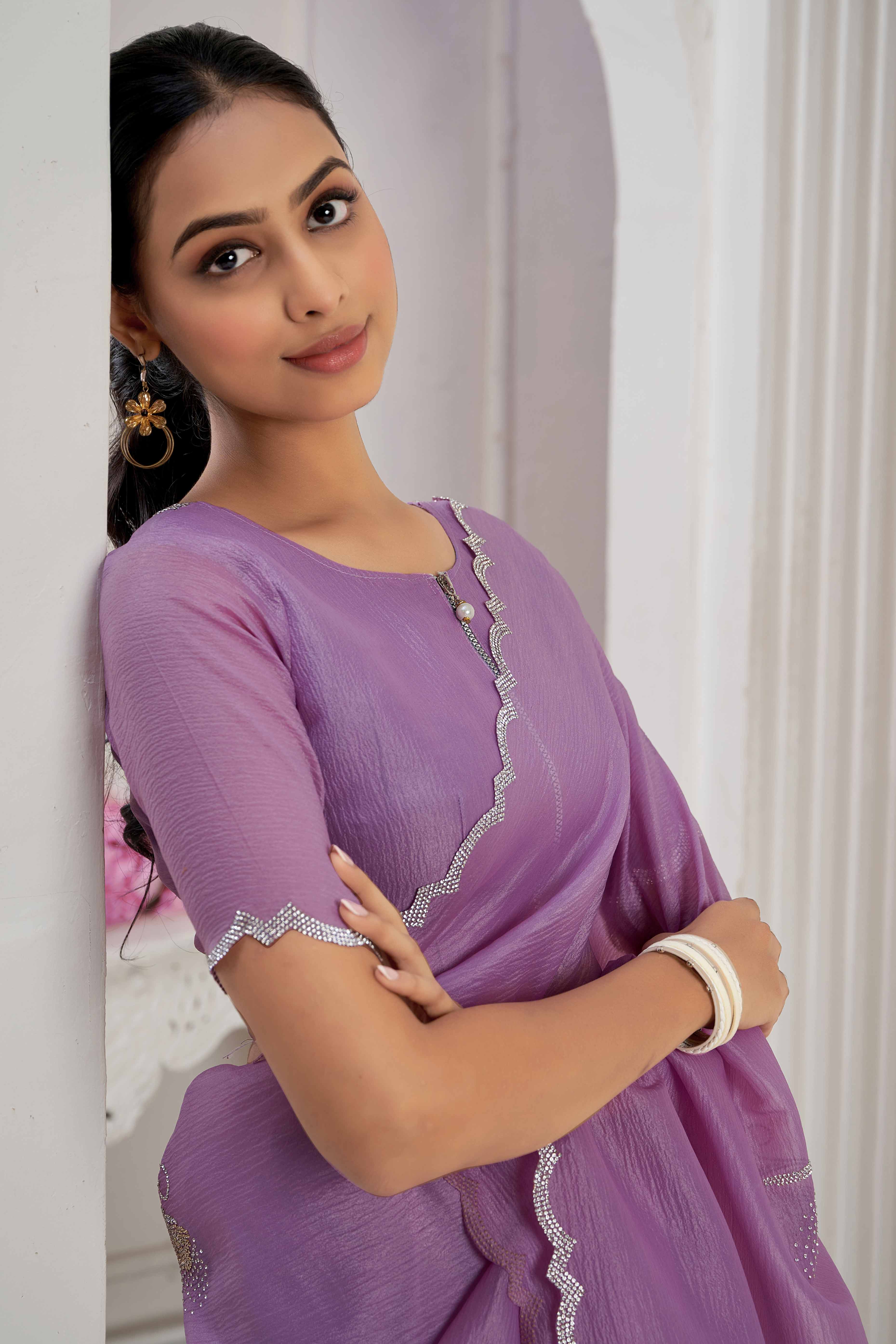 Purple Stone Work Embroidered Crepe Silk Saree