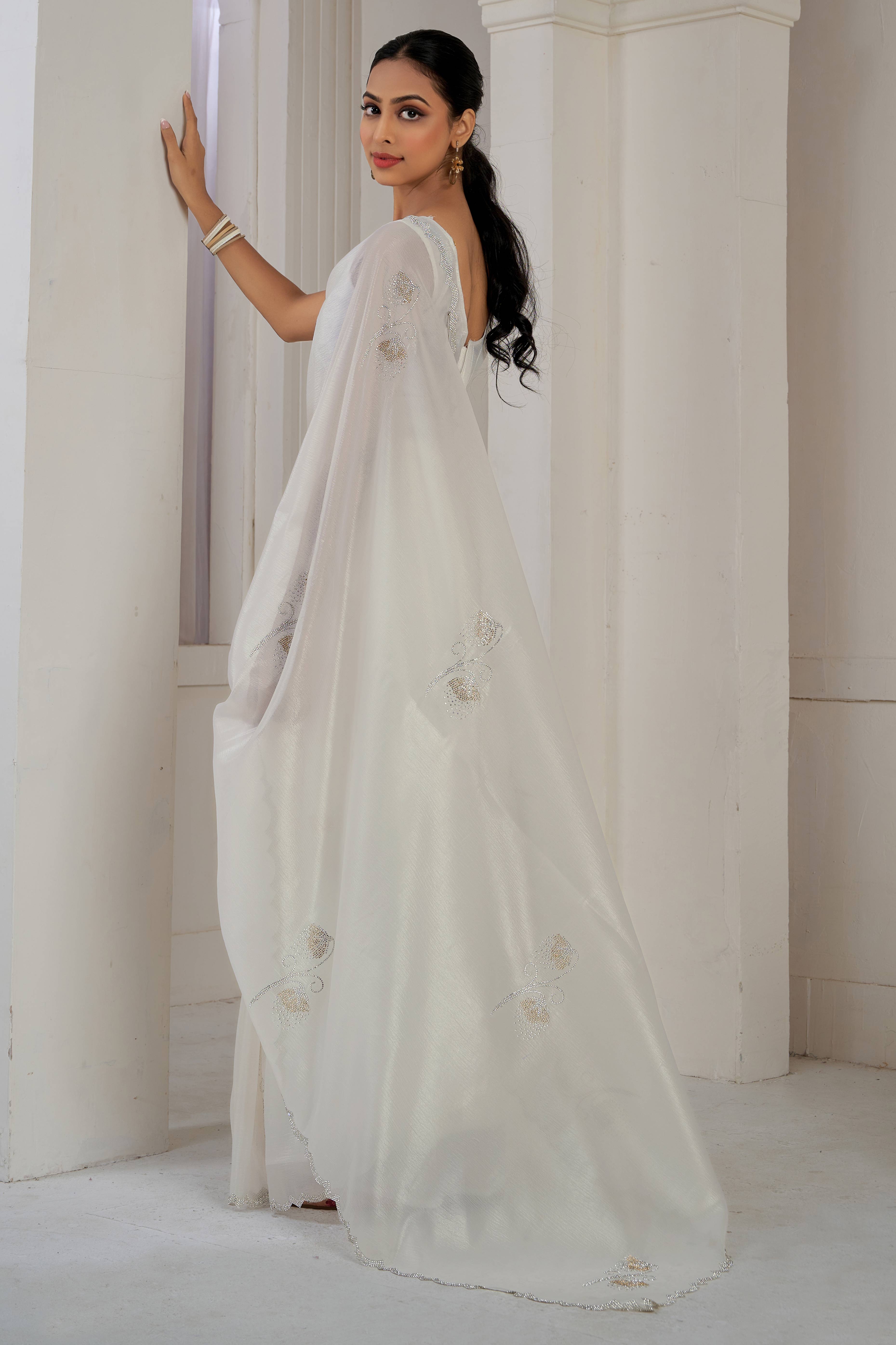 White Stone Work Embroidered Crepe Silk Saree