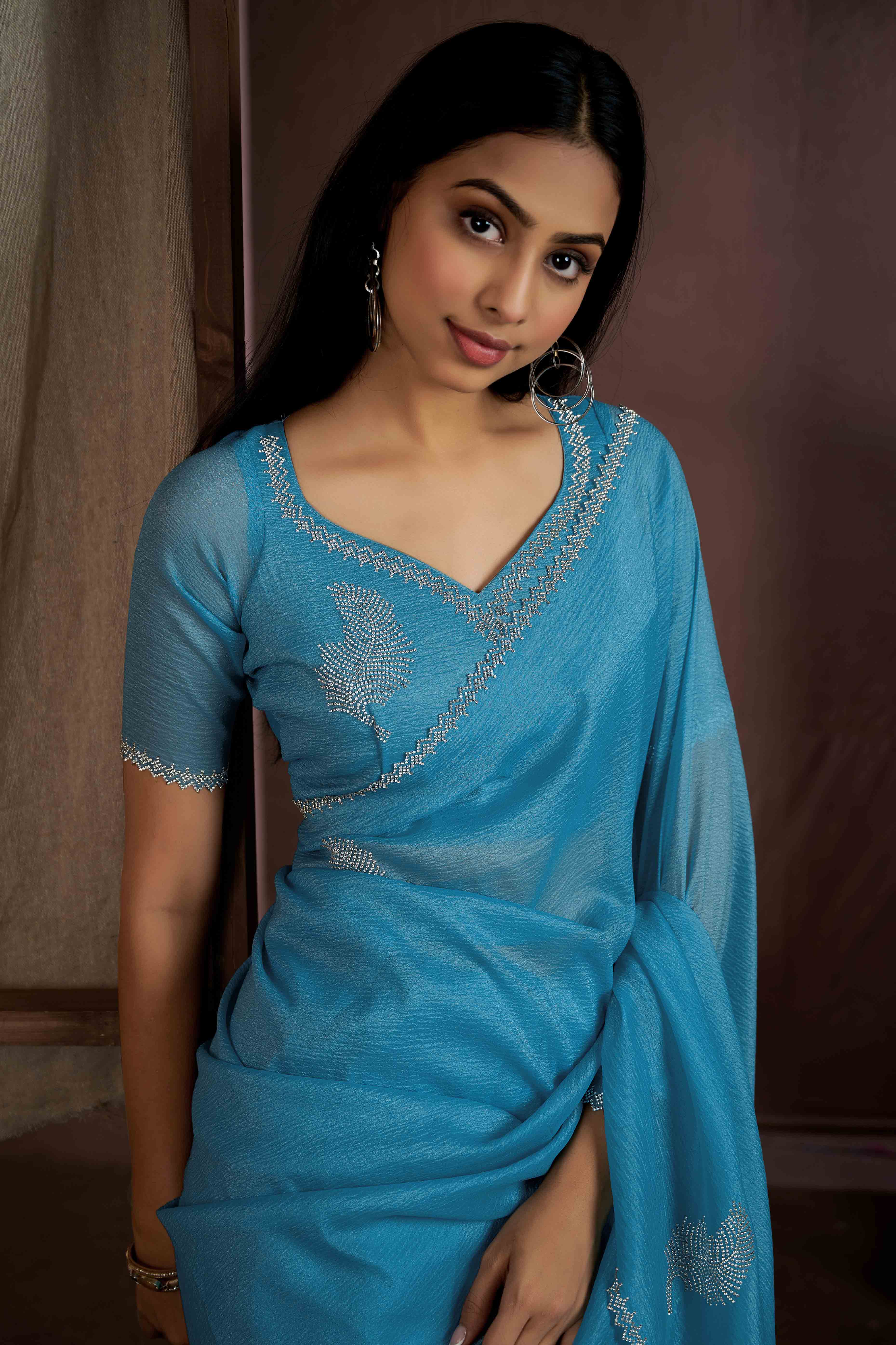 Sky Blue Stone Work Embroidered Pure Silk Saree