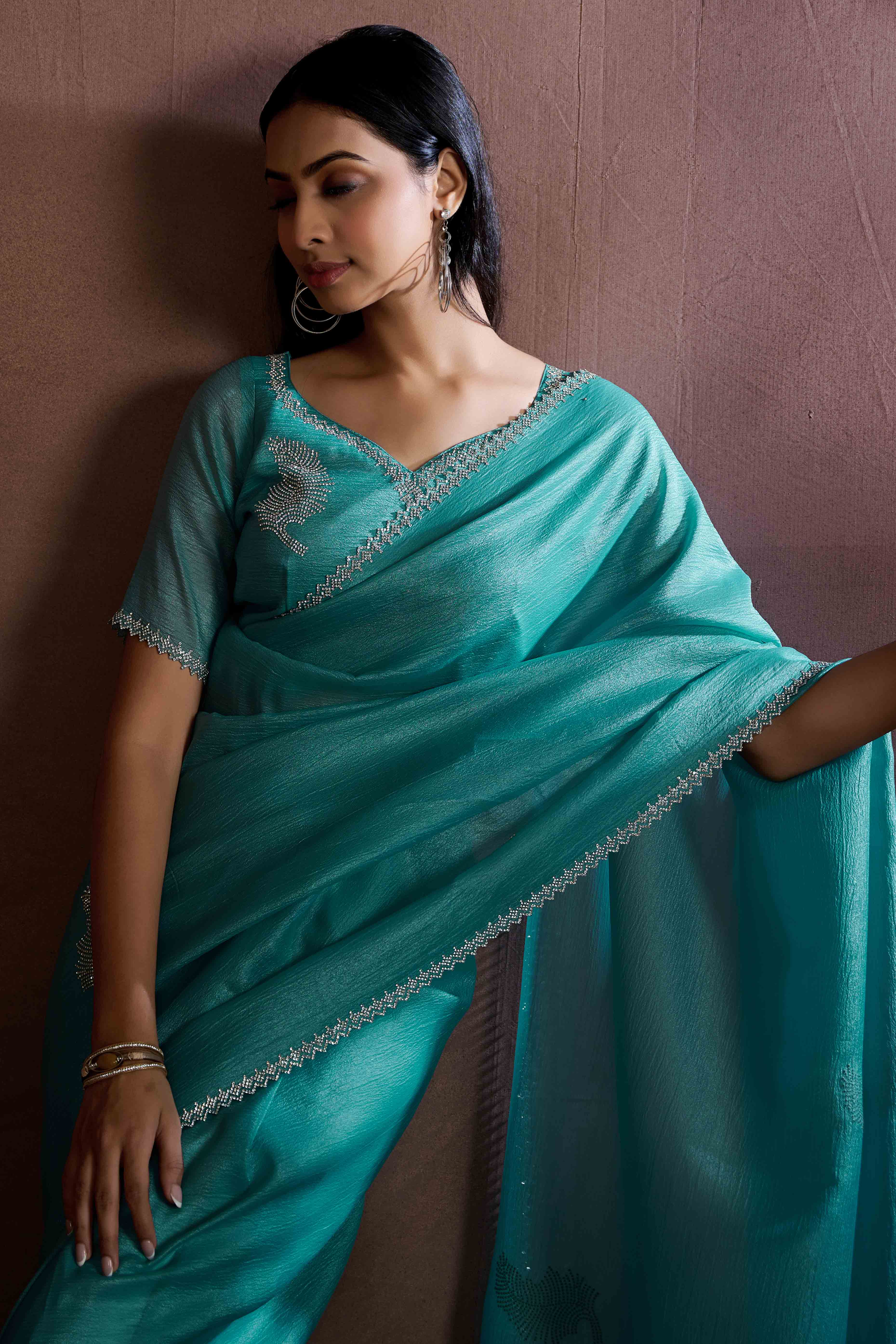 Teal Stone Work Embroidered Pure Silk Saree