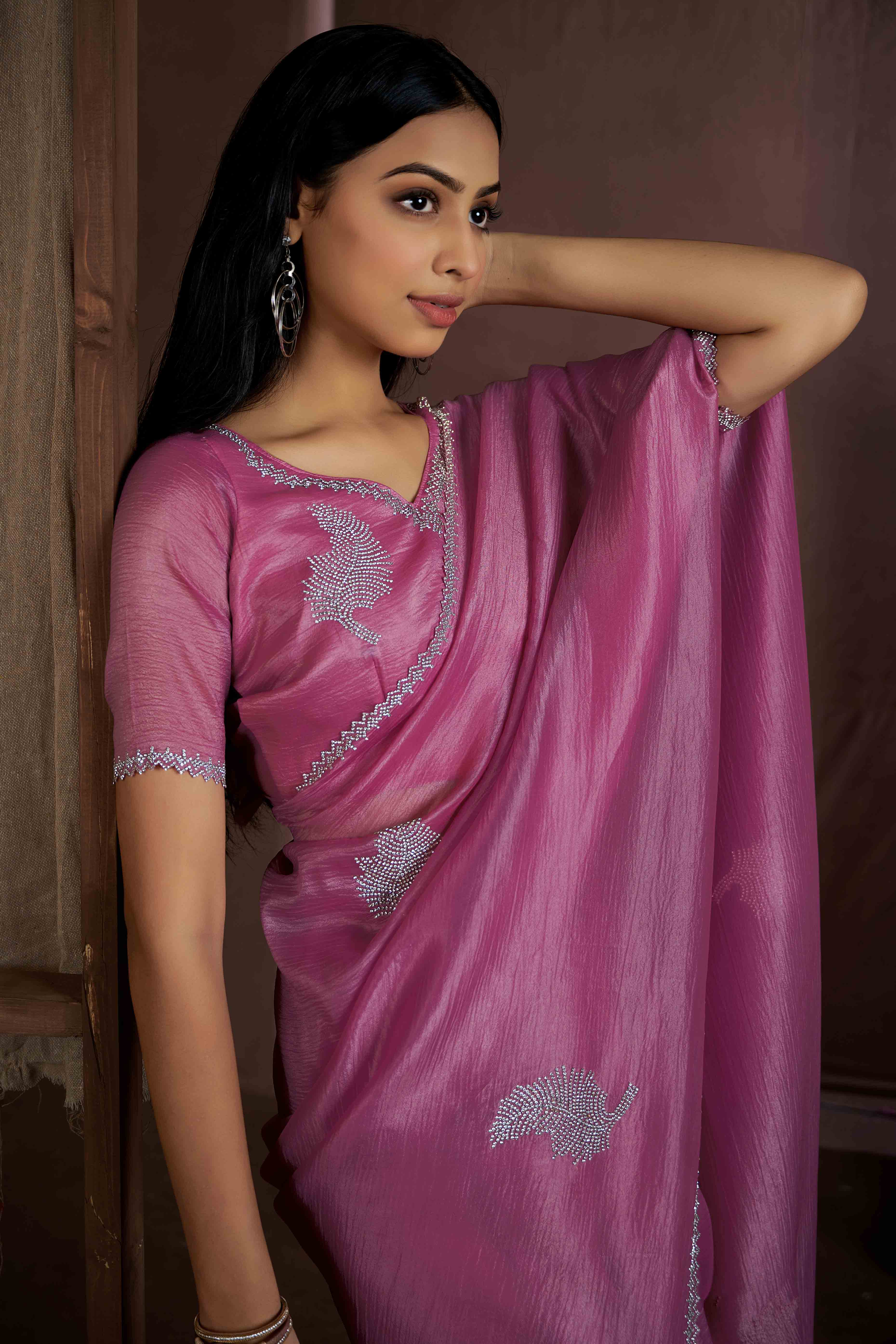 Pink Stone Work Embroidered Pure Silk Saree