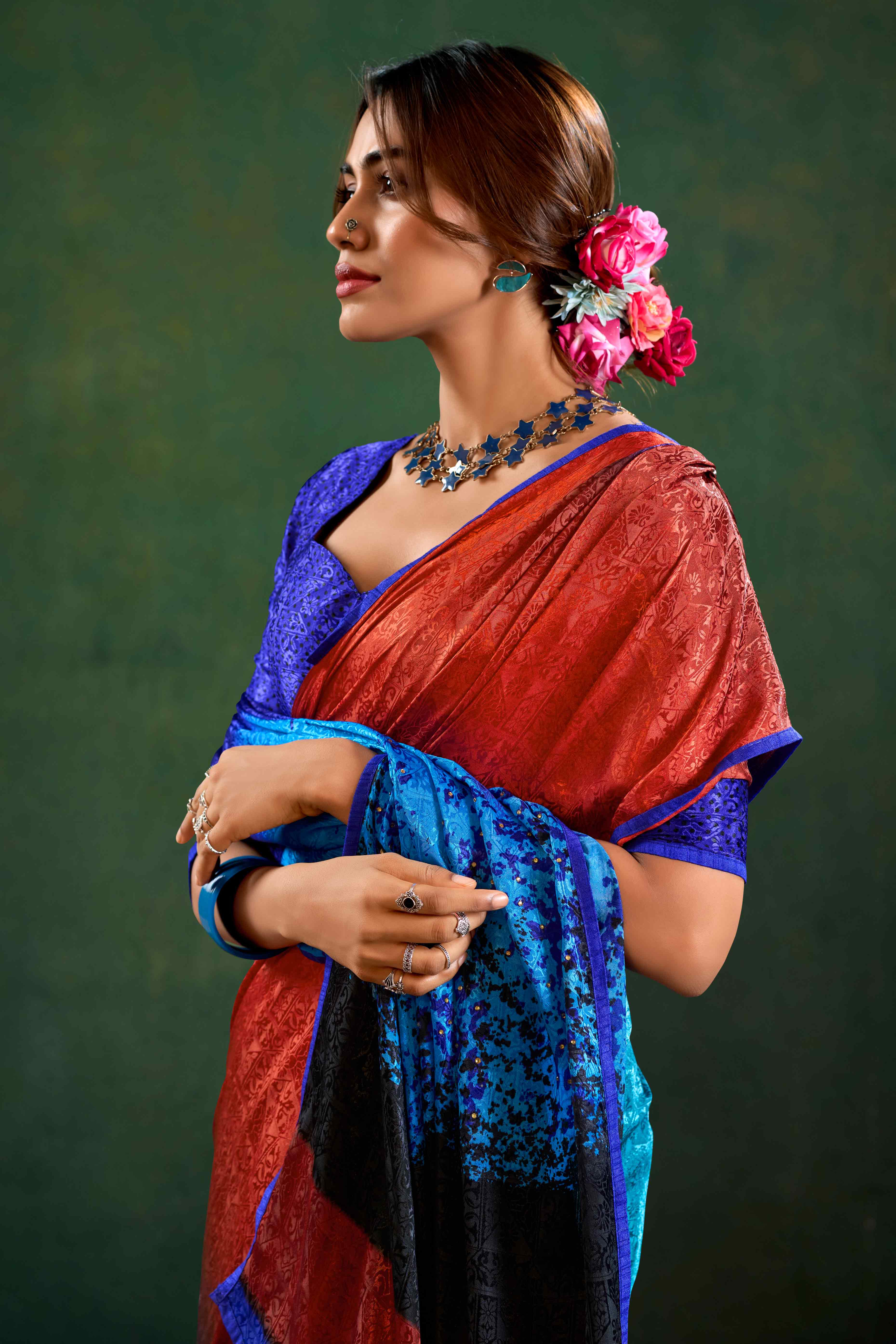 Blue Crepe Jacquard Saree with Vibrant Prints & Stone Work