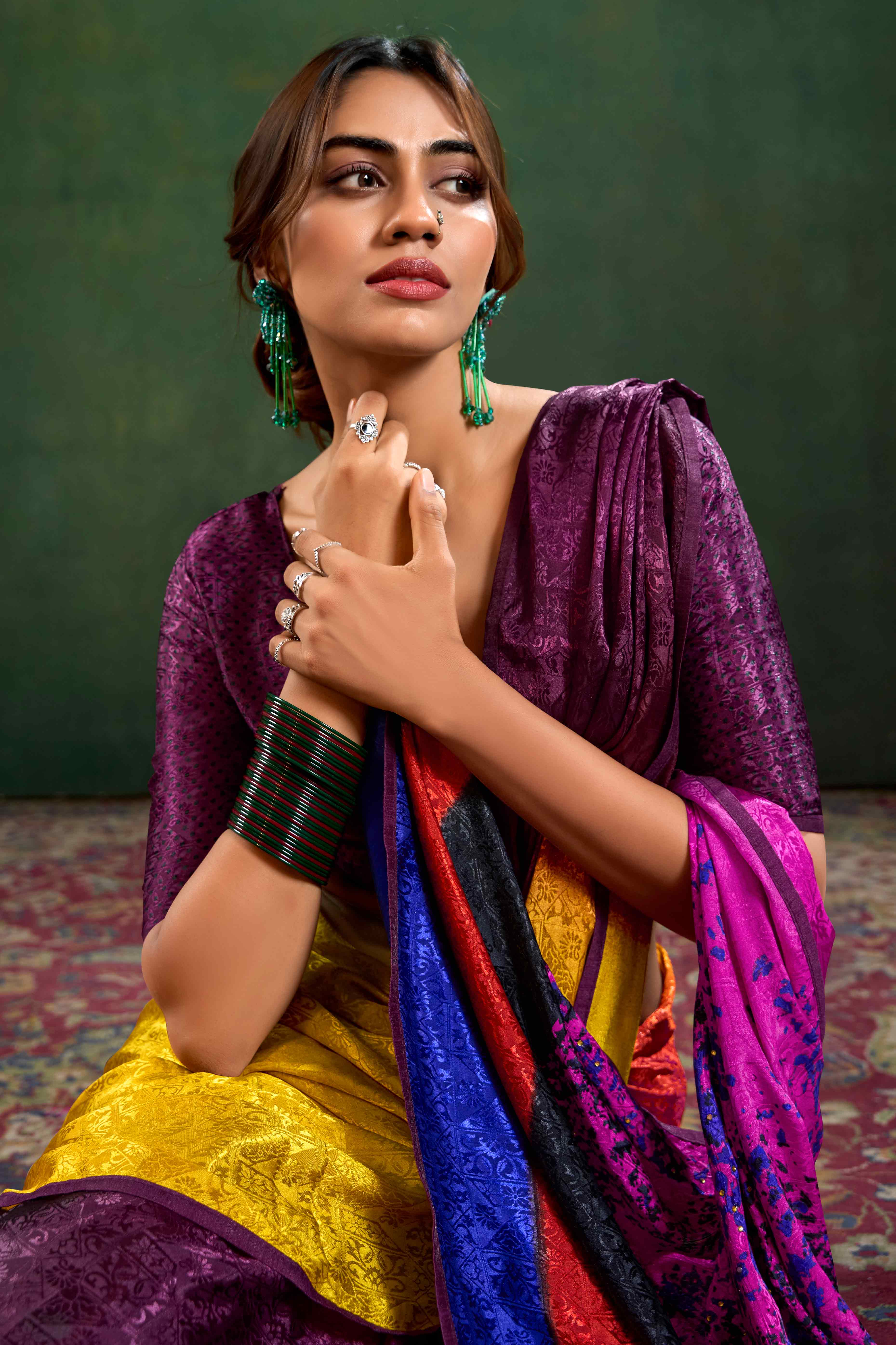 Wine Crepe Jacquard Saree with Vibrant Prints & Stone Work