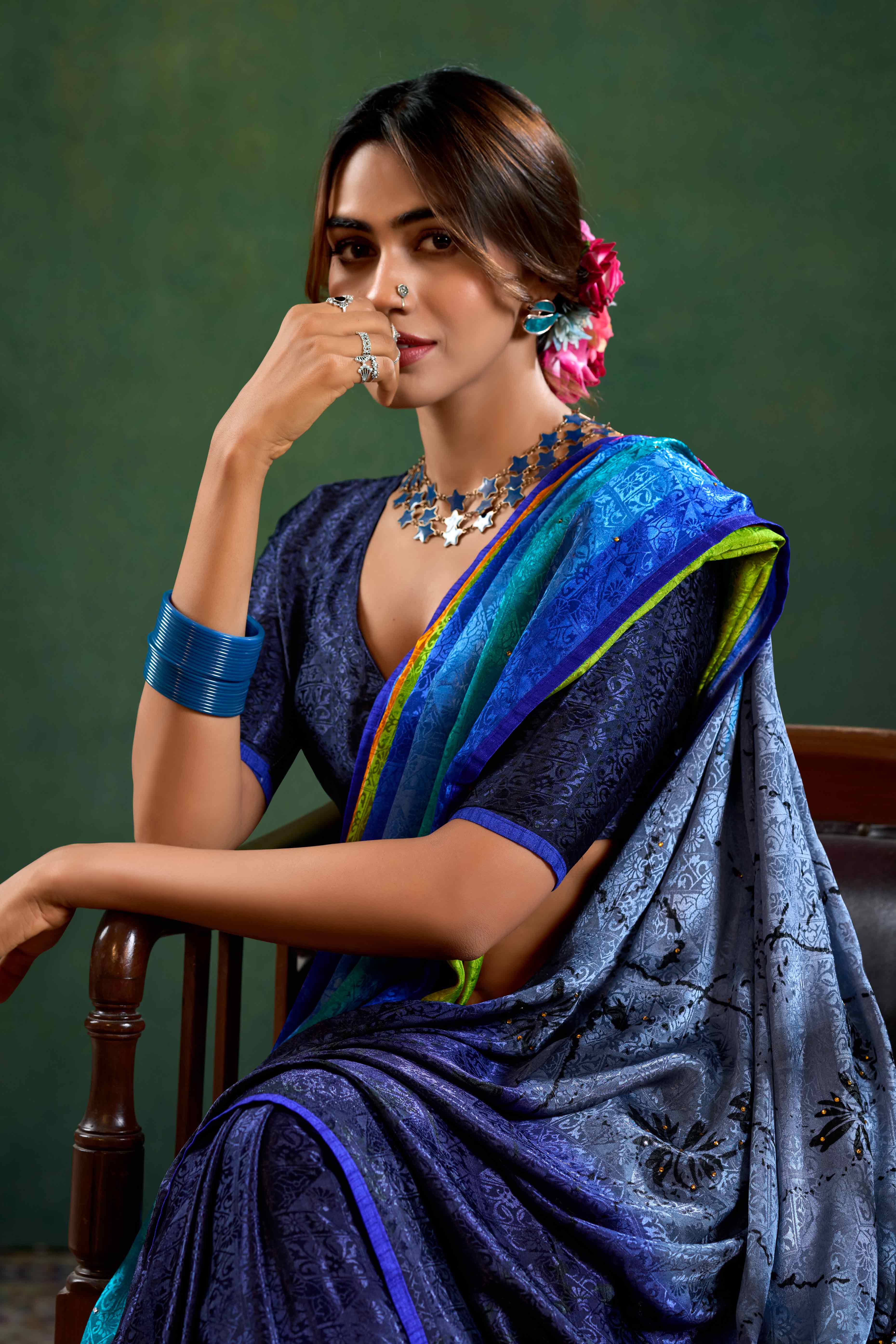Blue Crepe Jacquard Saree with Vibrant Prints & Stone Work