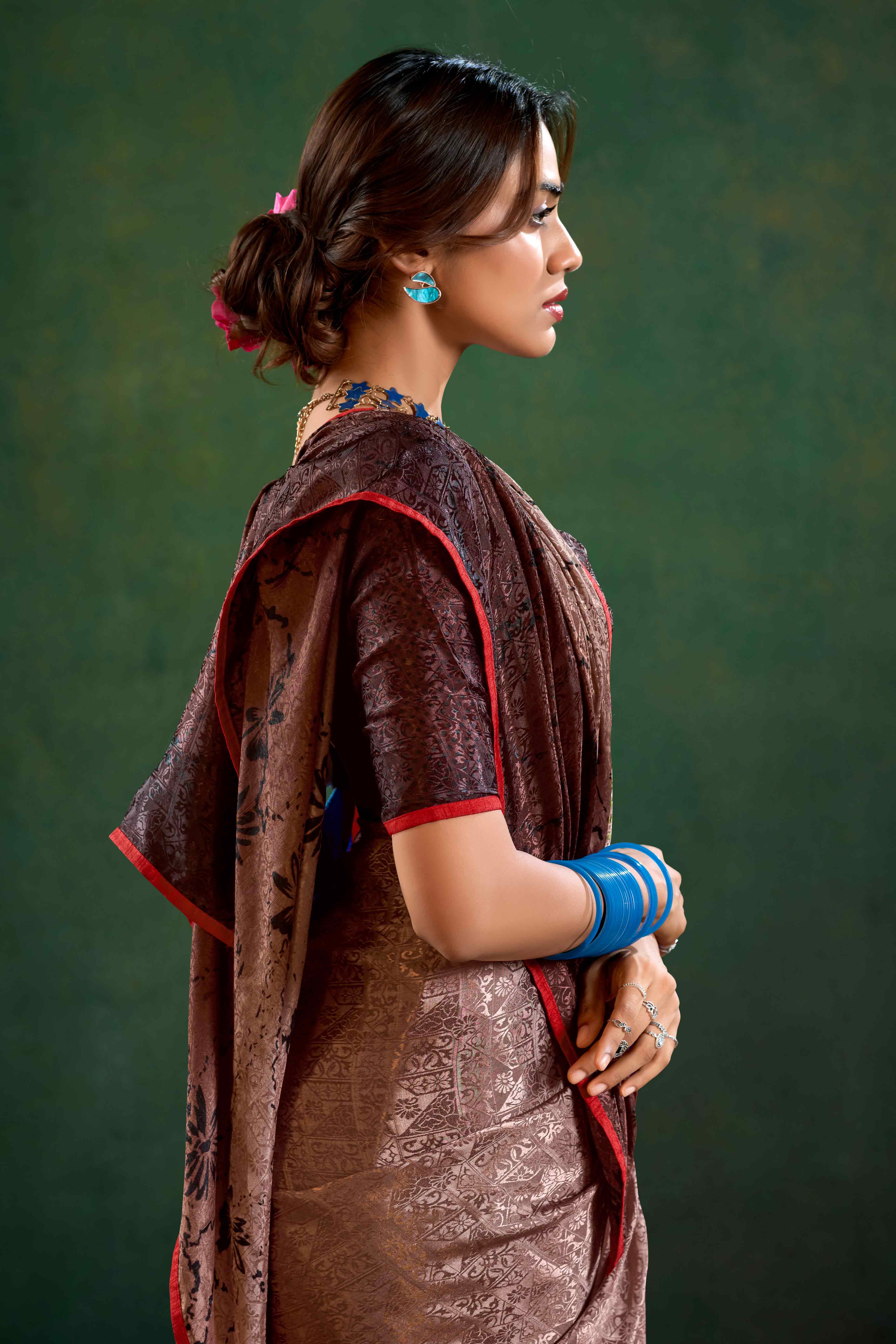Brown Crepe Jacquard Saree with Vibrant Prints & Stone Work