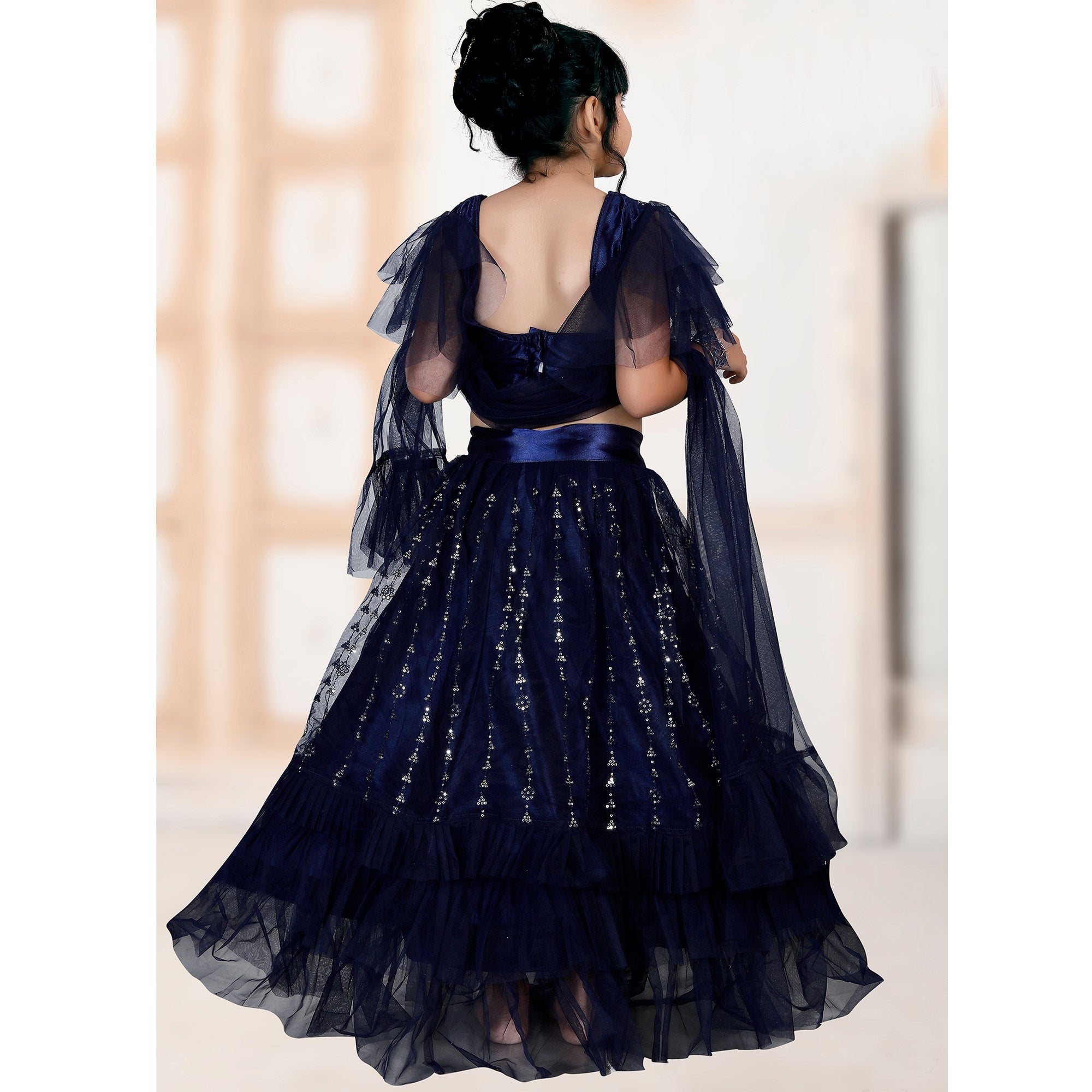 Navy Blue Embroidered Net Lehenga Choli For Kids