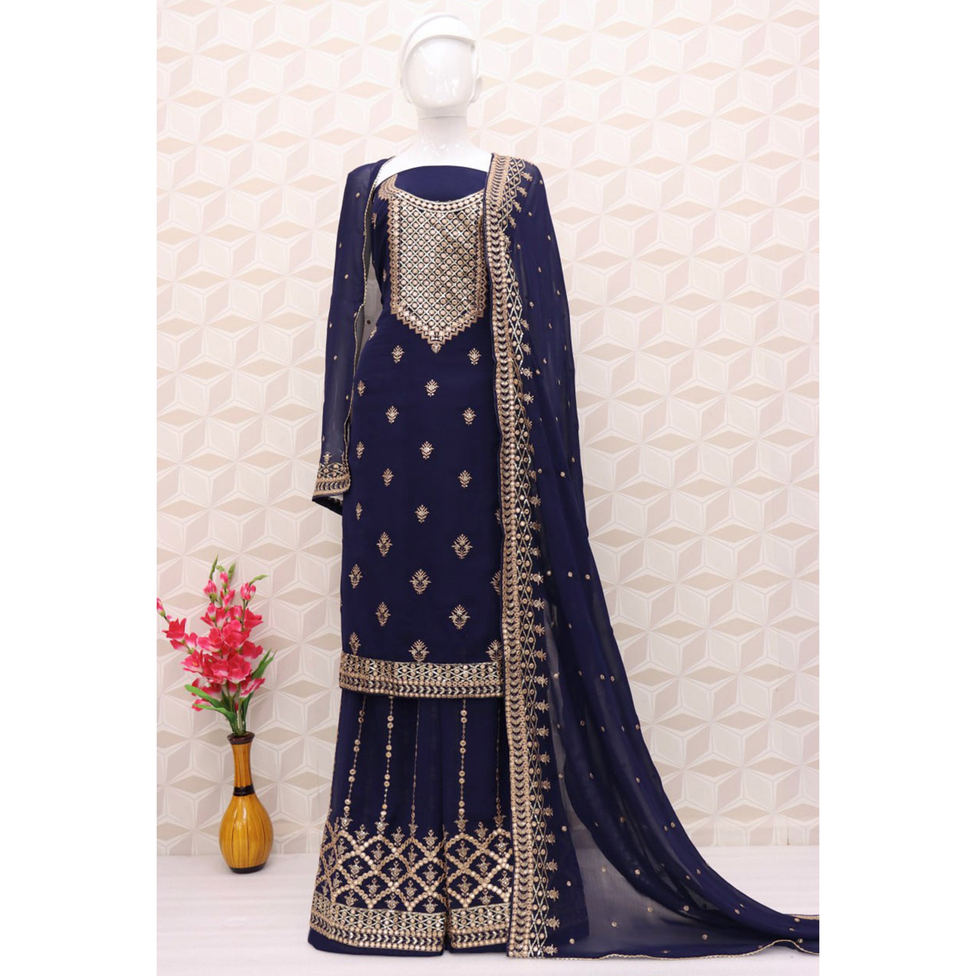 Blue Floral Embroidered Georgette Semi Stitched Dress Material