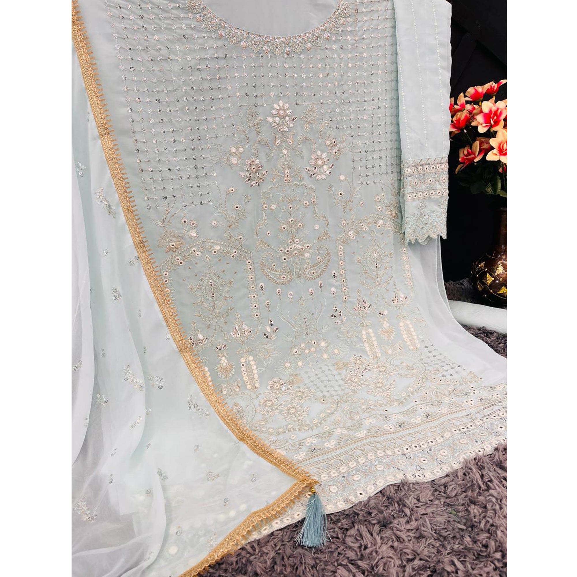 Sky Blue Sequins Embroidered Georgette Sharara Suit