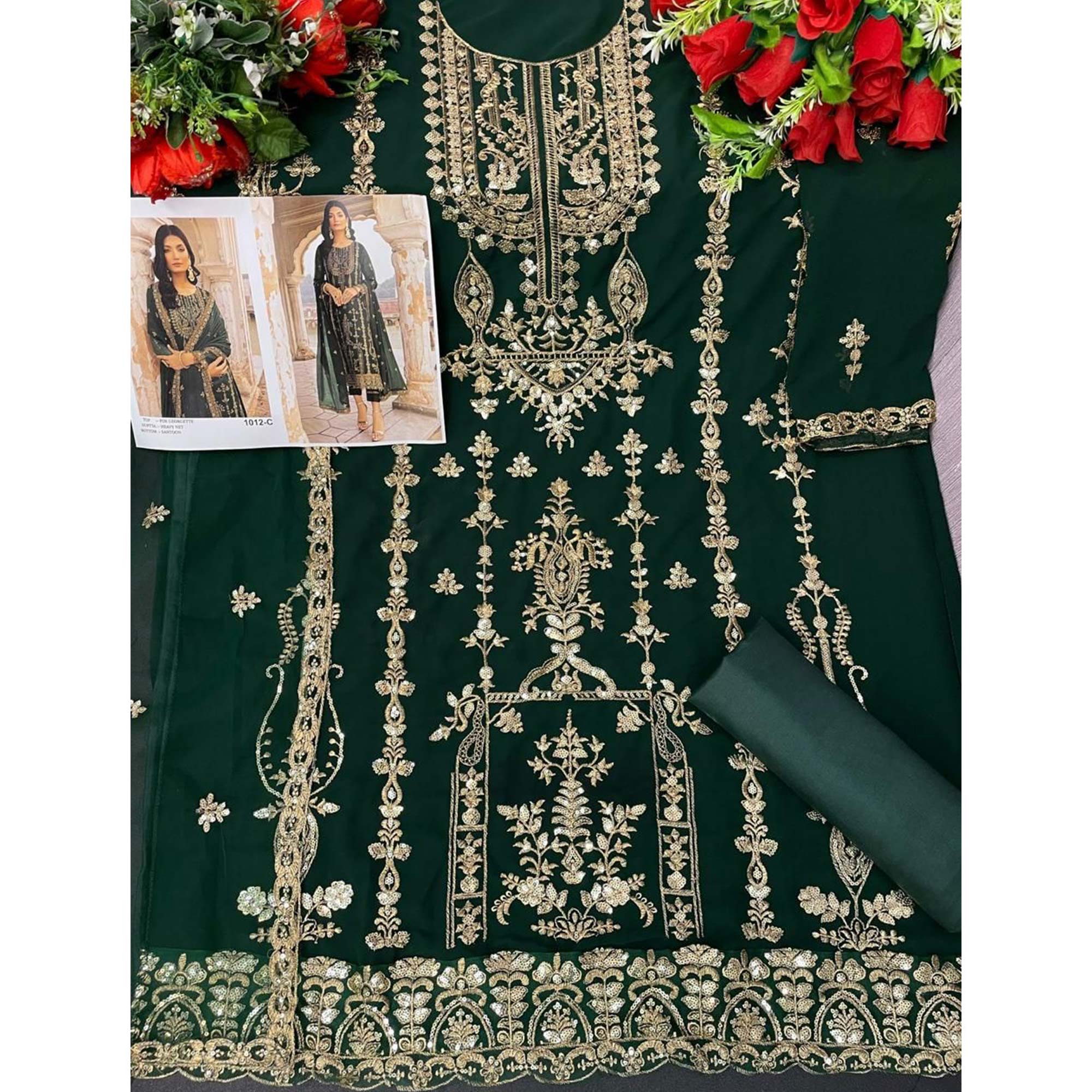 Green Floral Sequins Embroidered Georgette Semi Stitched Suit