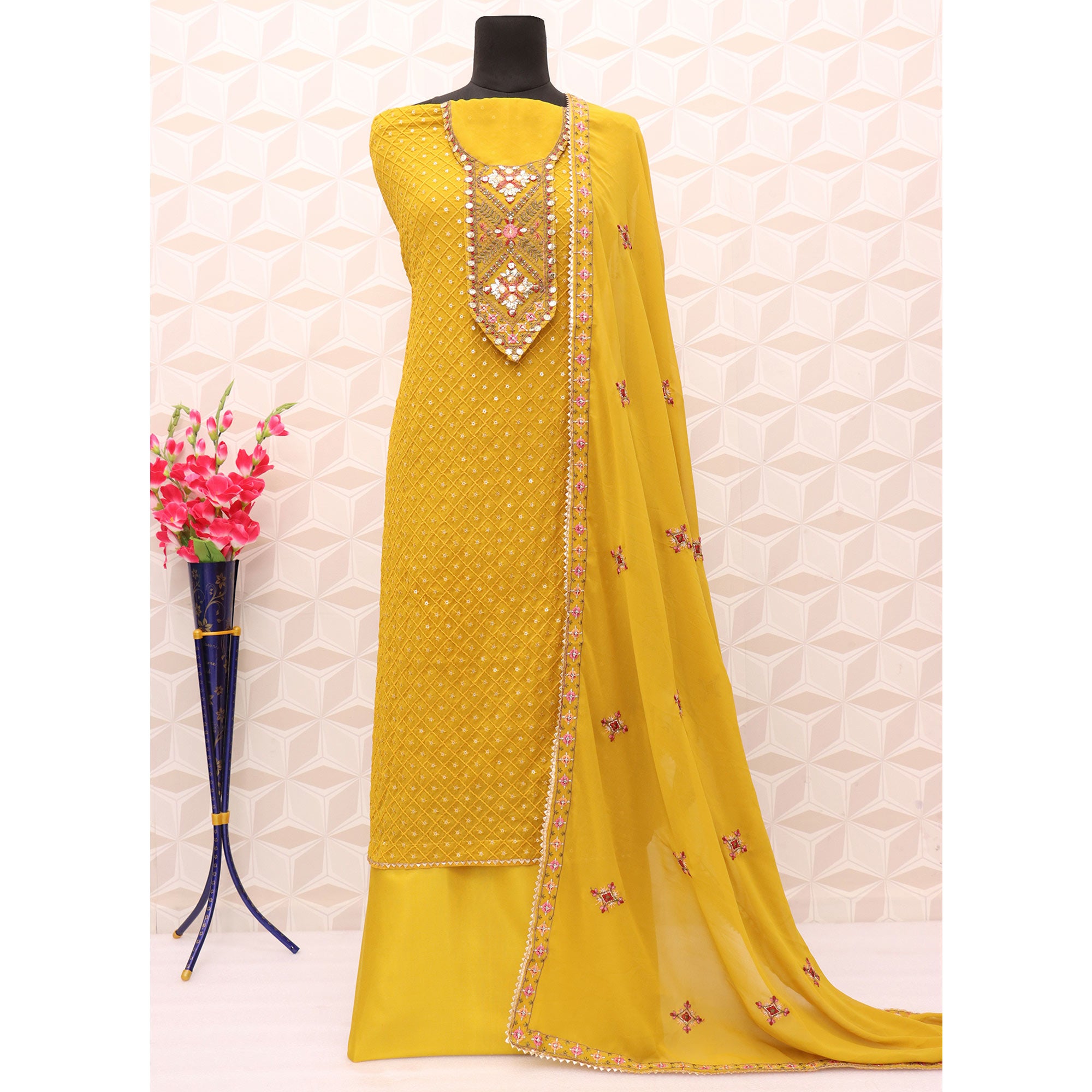 Mustard Sequins Embroidered Georgette Semi Stitched Salwar Suit