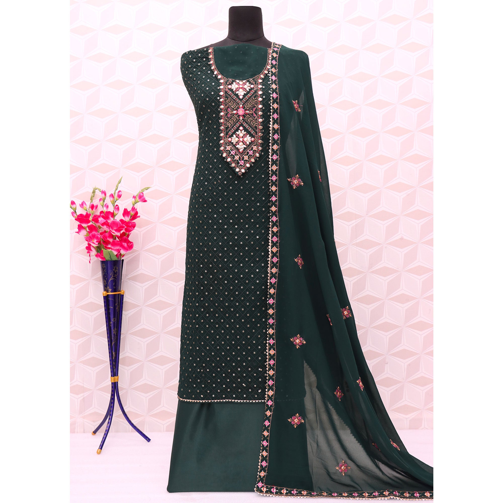 Dark Green Sequins Embroidered Georgette Semi Stitched Salwar Suit