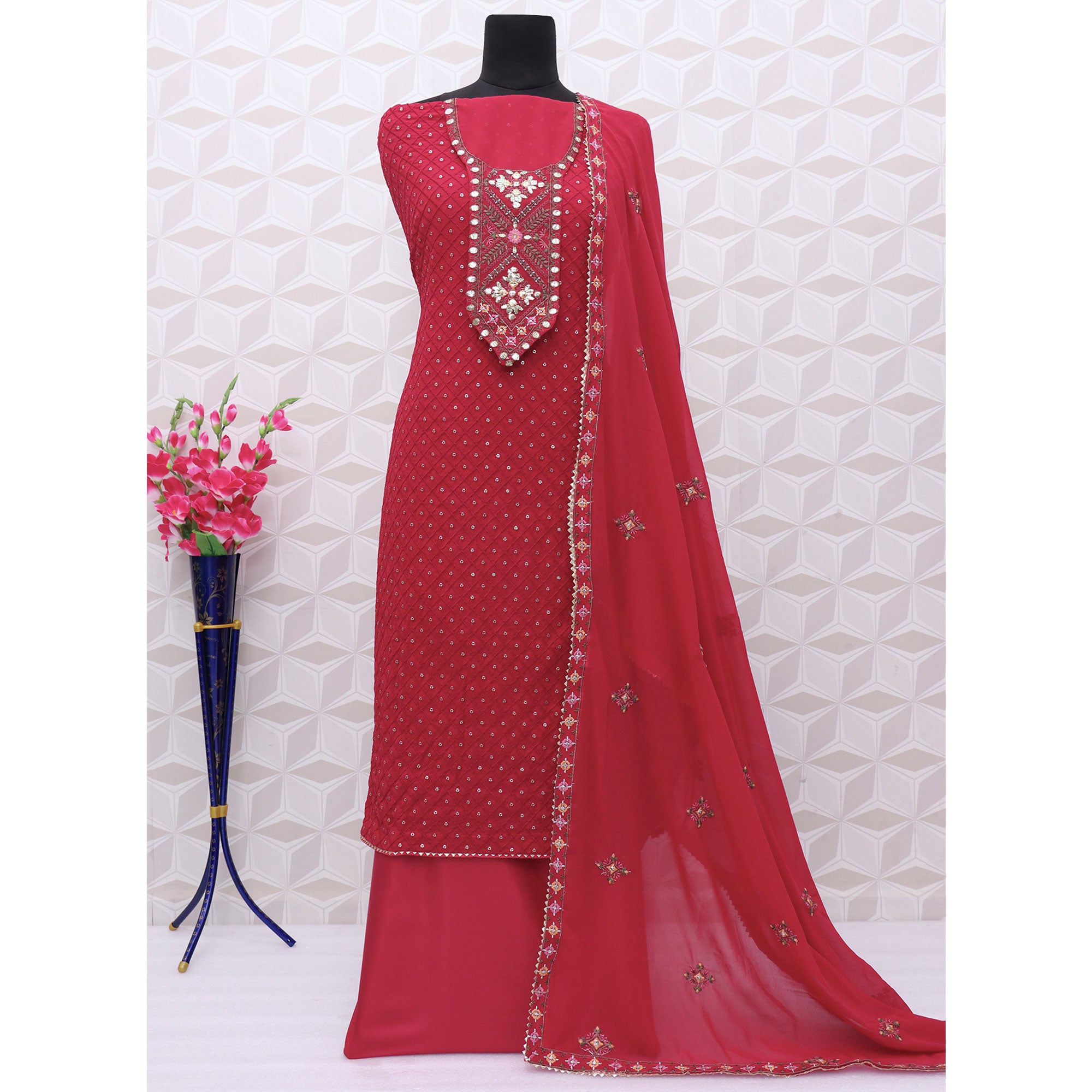 Pink Sequins Embroidered Georgette Semi Stitched Salwar Suit