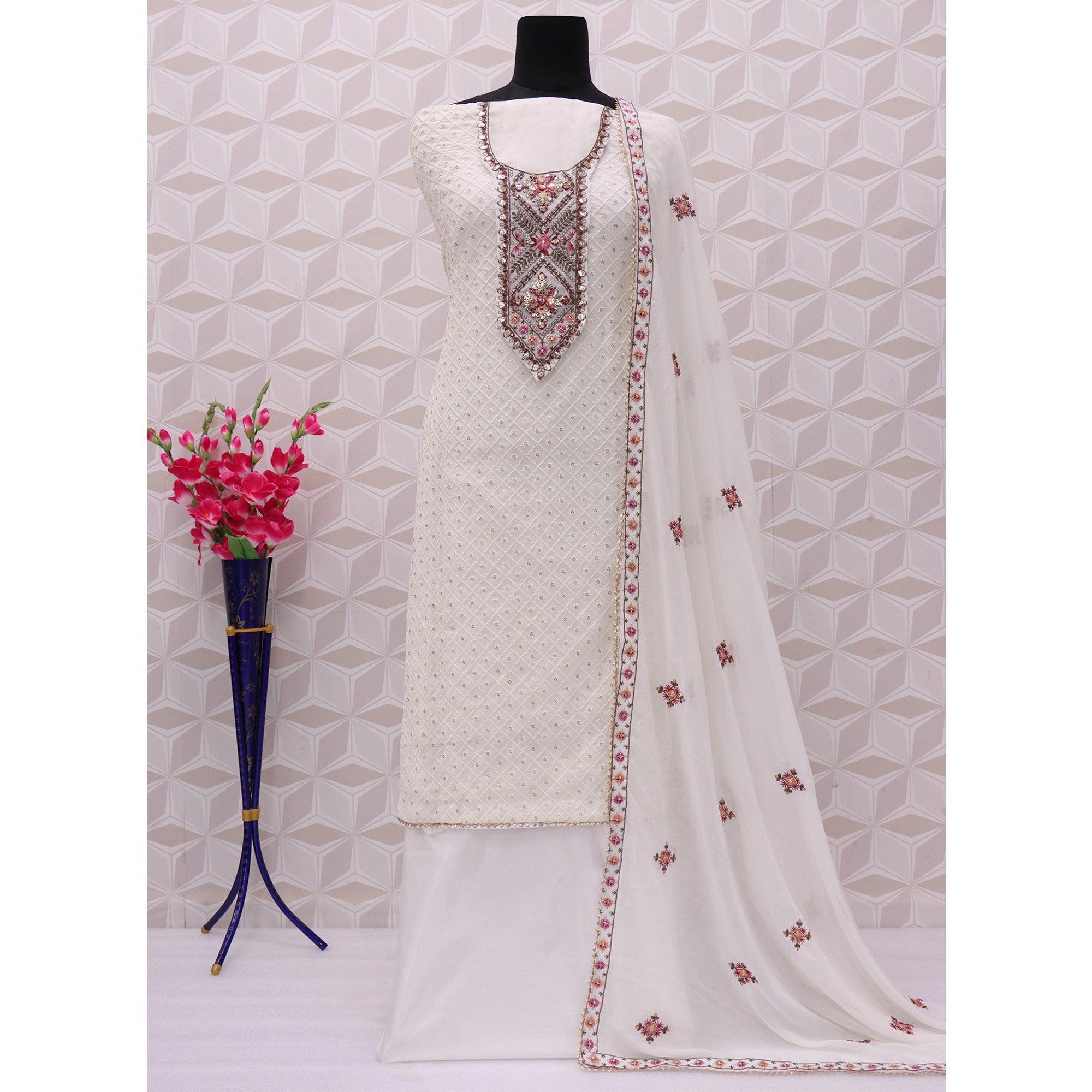 White Sequins Embroidered Georgette Semi Stitched Salwar Suit