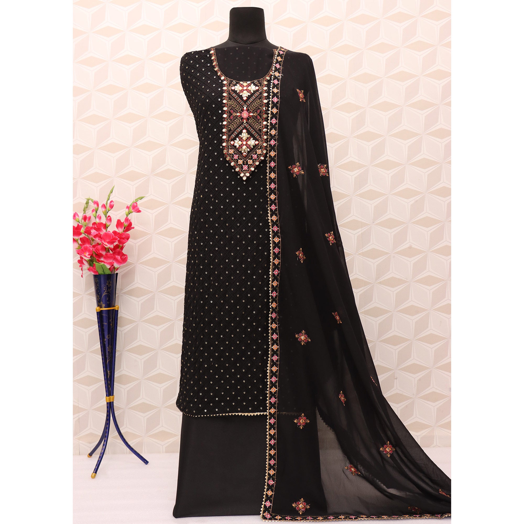 Black Sequins Embroidered Georgette Semi Stitched Salwar Suit