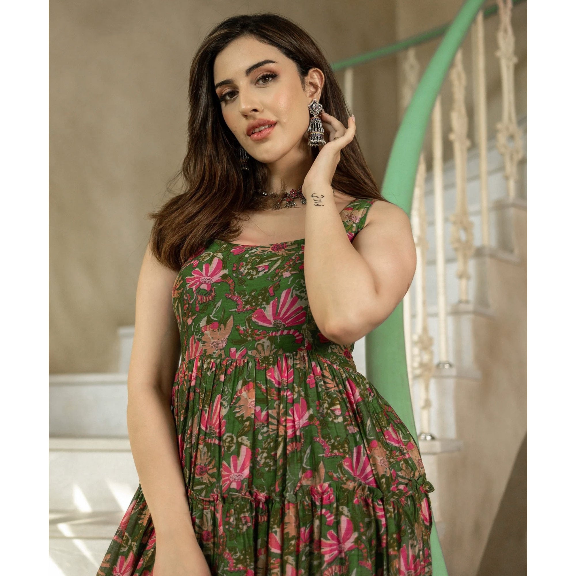 Green Floral Digital Printed Chanderi Anarkali Style Suit