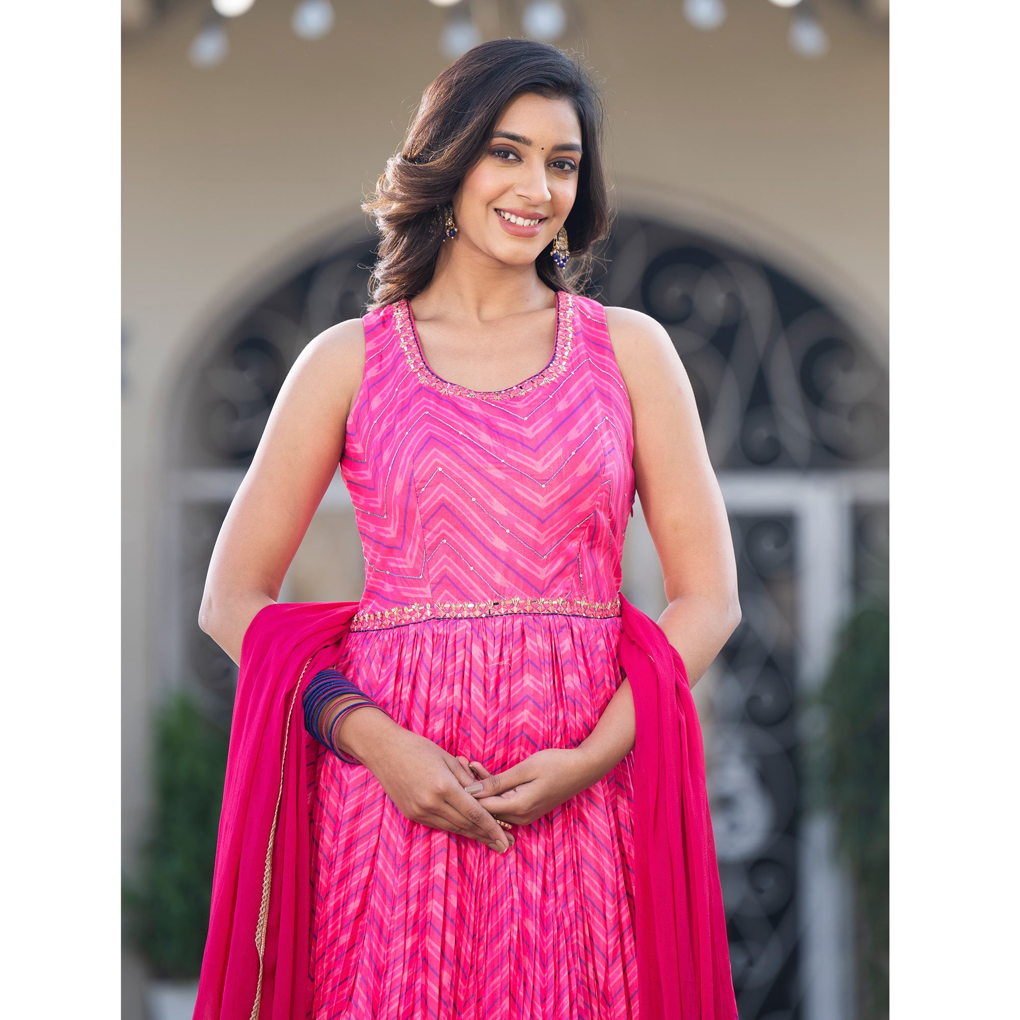 Pink Printed Dola Silk Anarkali Style Gown With Mirror Work