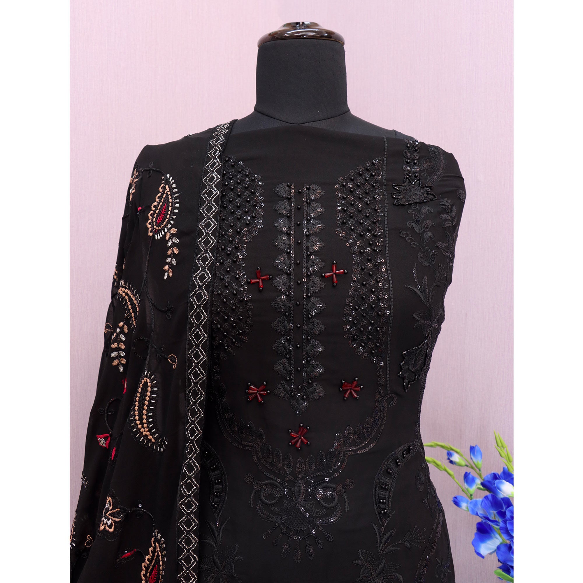 Black Heavy Embroidered Work Georgette Dress Material