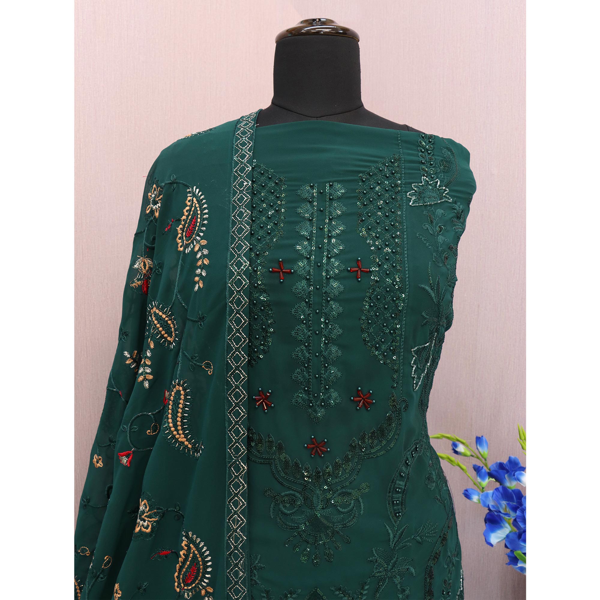 Green Heavy Embroidered Work Georgette Dress Material