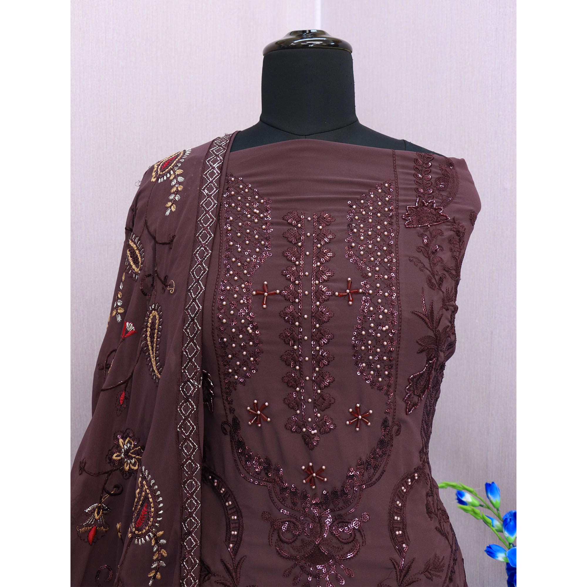 Purple Taupe Heavy Embroidered Work Georgette Dress Material