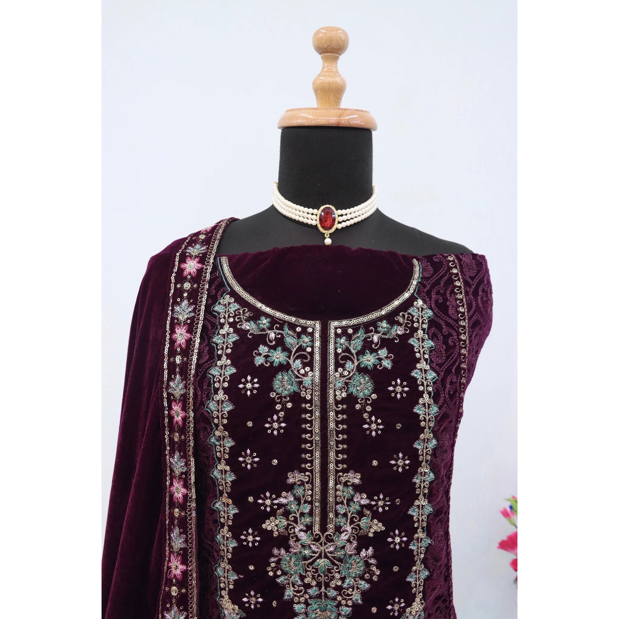 Wine Velvet Dress Material Adorned with Sequins & Thread Embroidery