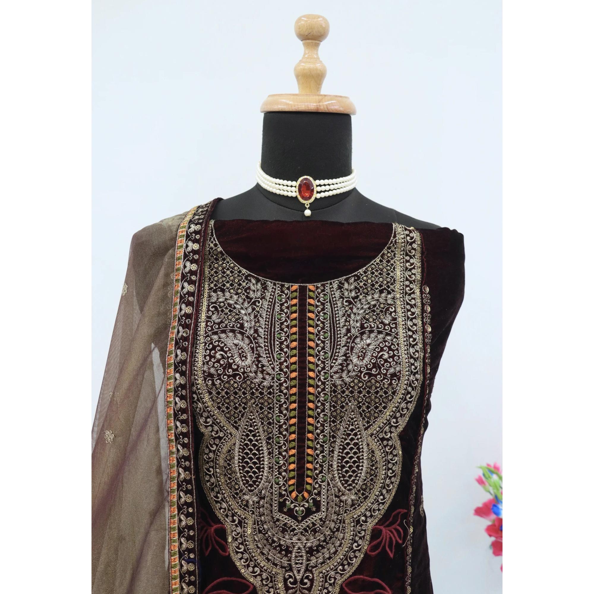 Dark Maroon Velvet Dress Material Adorned with Sequins & Thread Embroidery