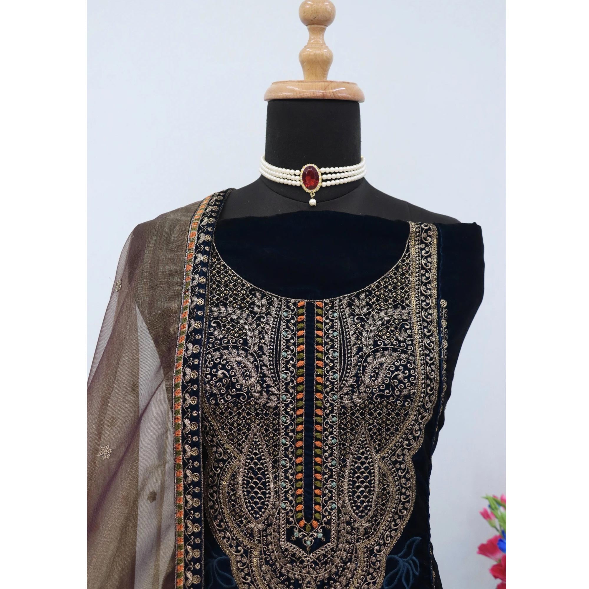 Blue Velvet Dress Material Adorned with Sequins & Thread Embroidery