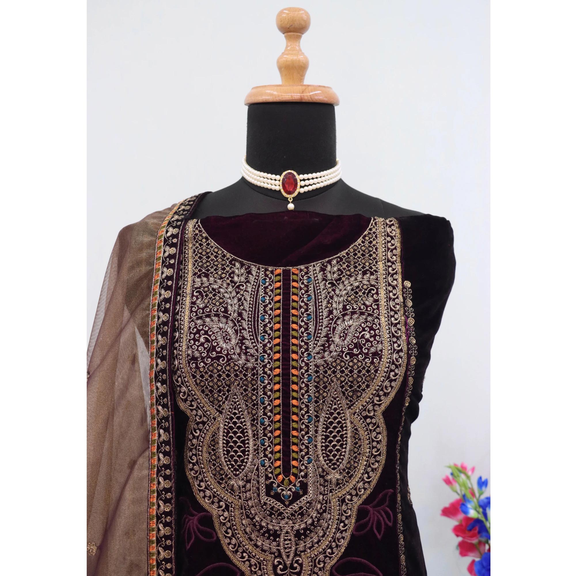 Purple Velvet Dress Material Adorned with Sequins & Thread Embroidery