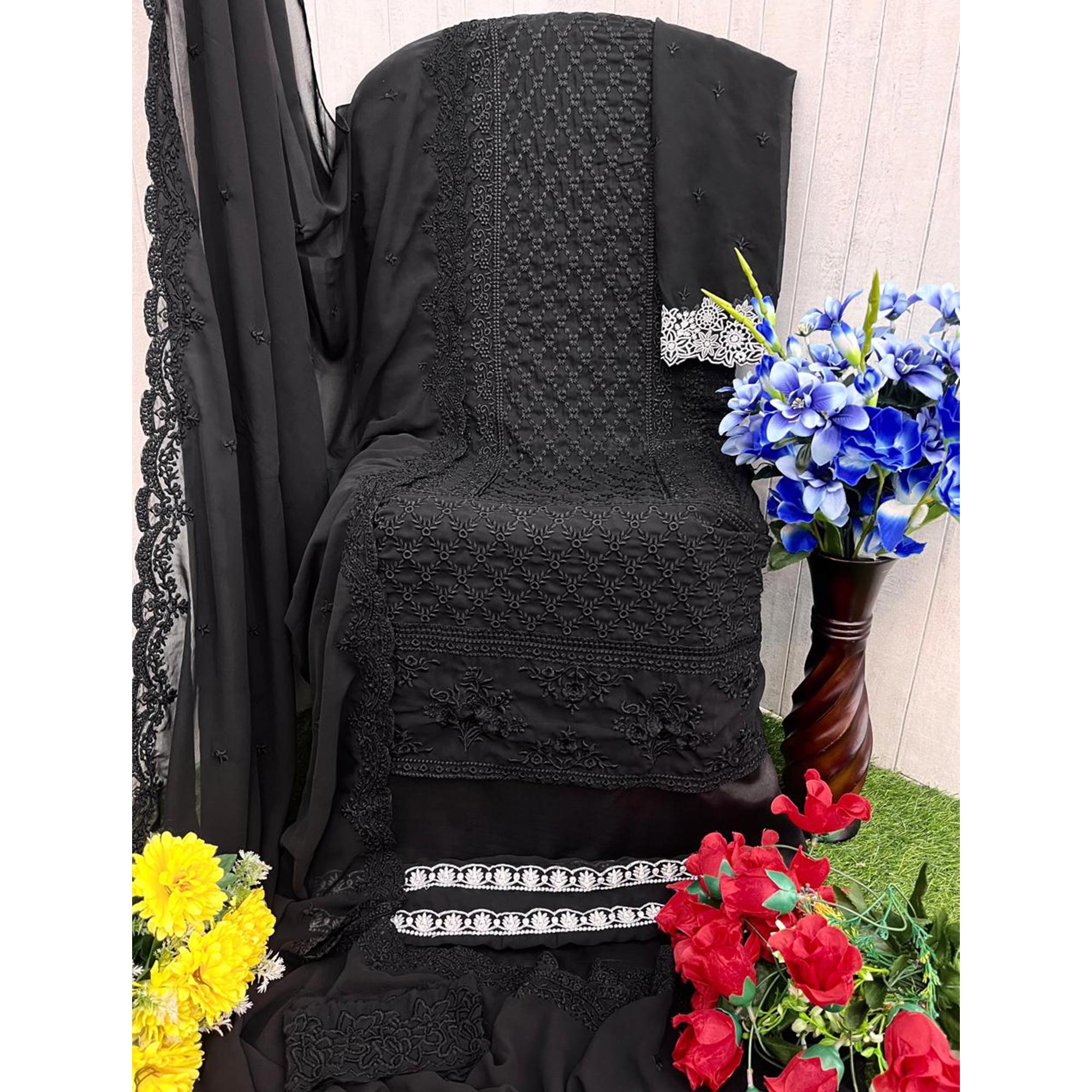 Black Sequins Embroidered Georgette Dress Material