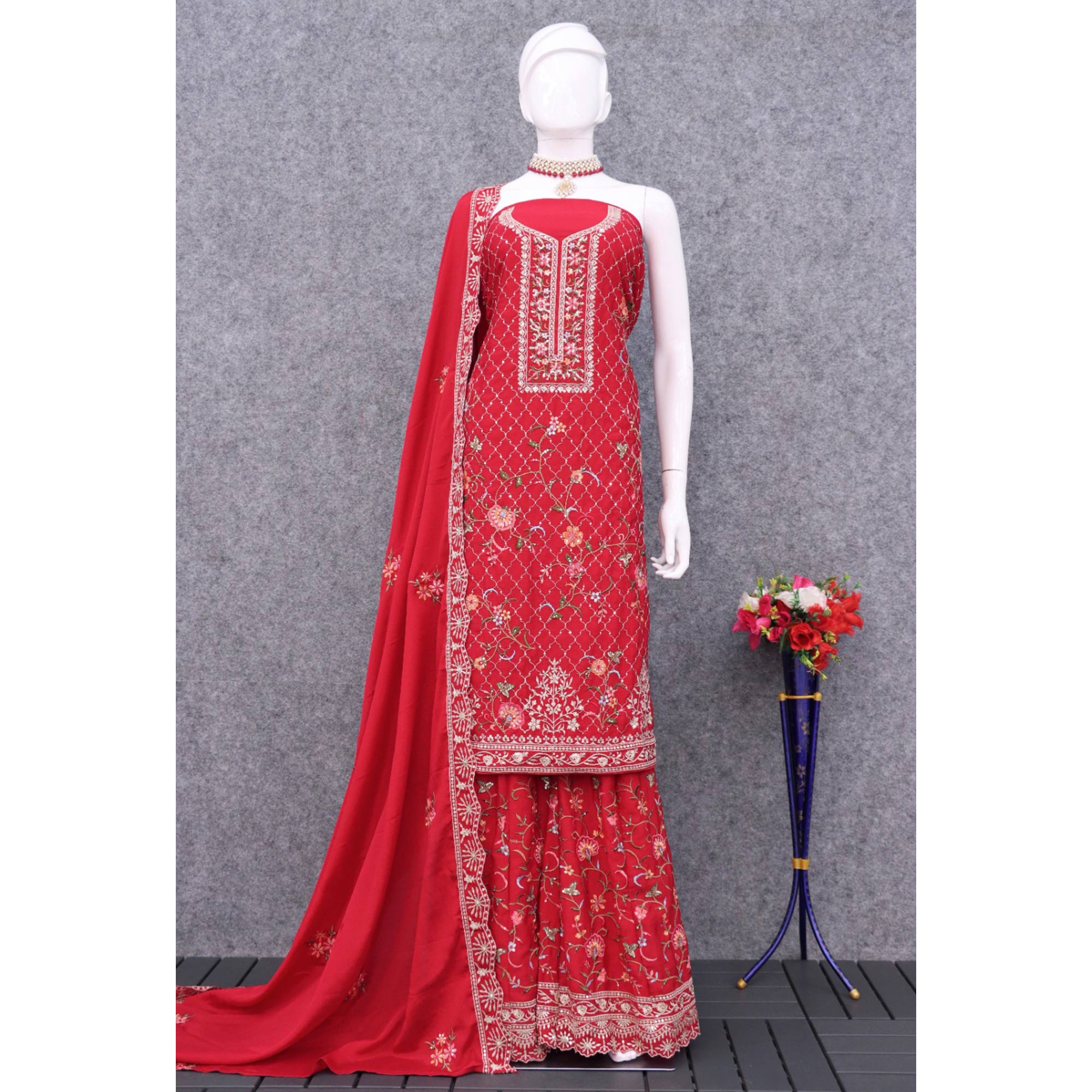 Red Floral Embroidered Pure Silk Unstitched Dress Material