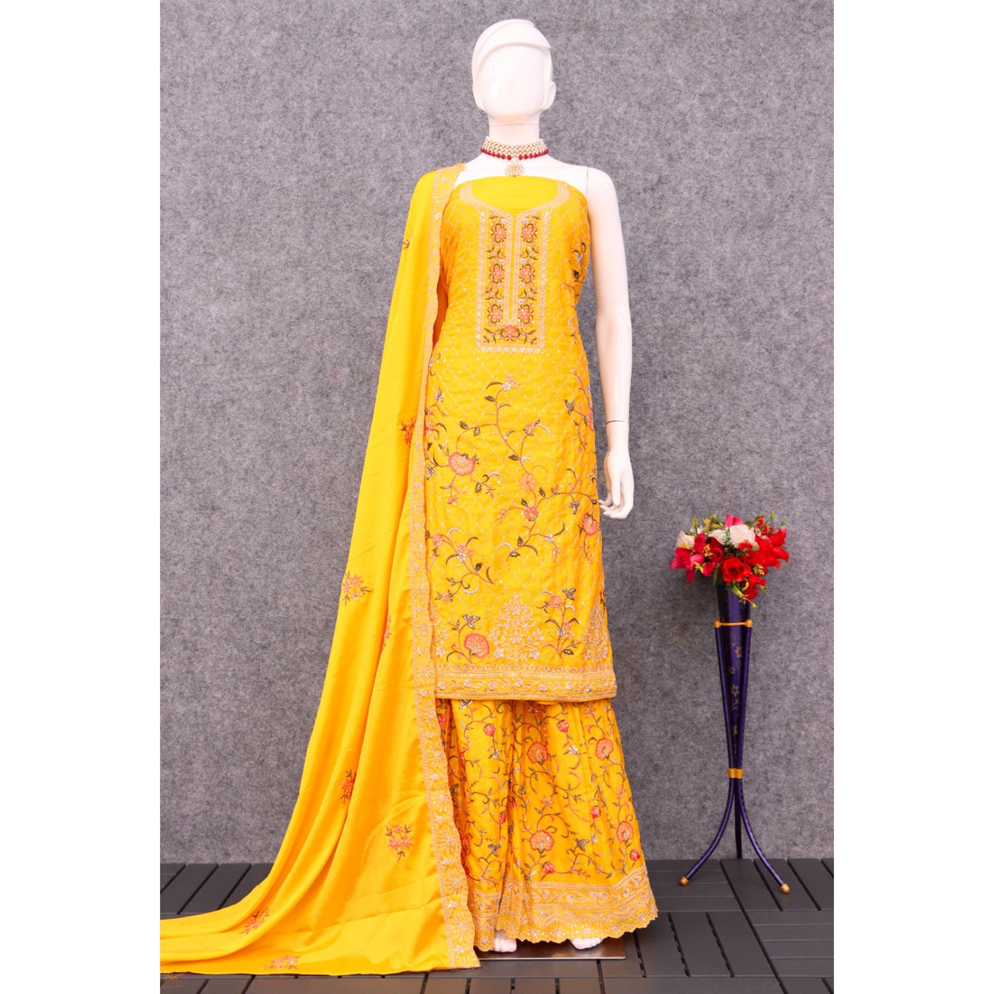 Yellow Floral Embroidered Pure Silk Unstitched Dress Material