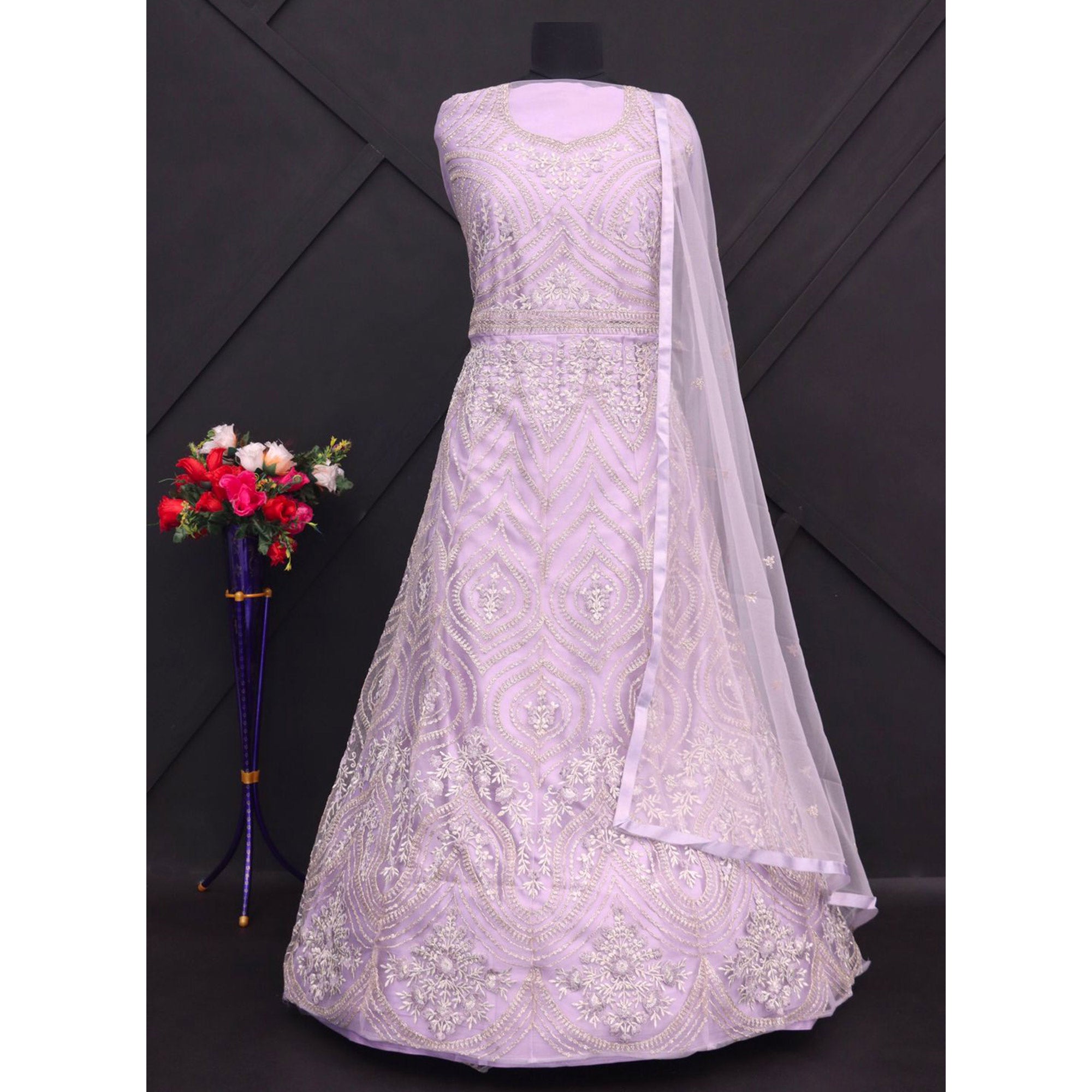 Thistle Purple Floral embroidetred Net Semi Stitched Anarkali Style Gown
