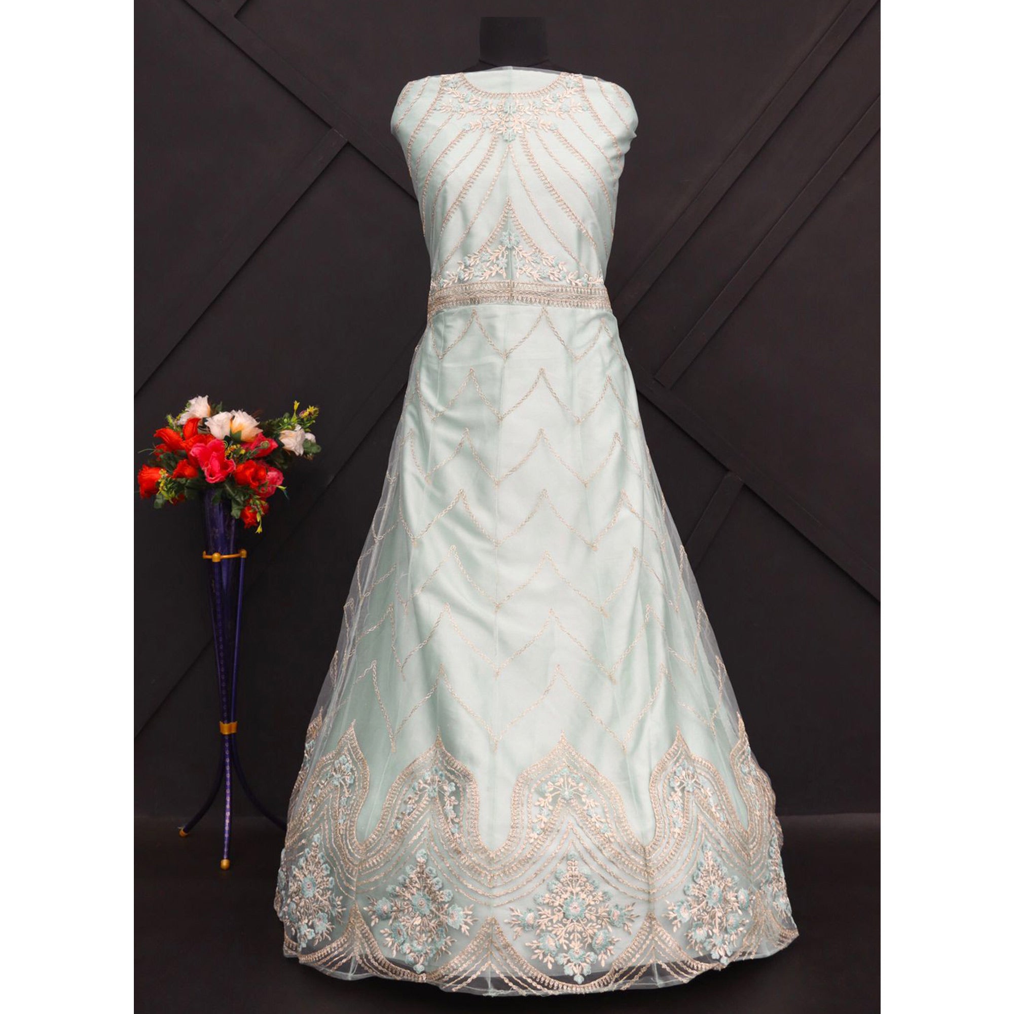 Turquoise Floral embroidered Net Semi Stitched Anarkali Style Gown