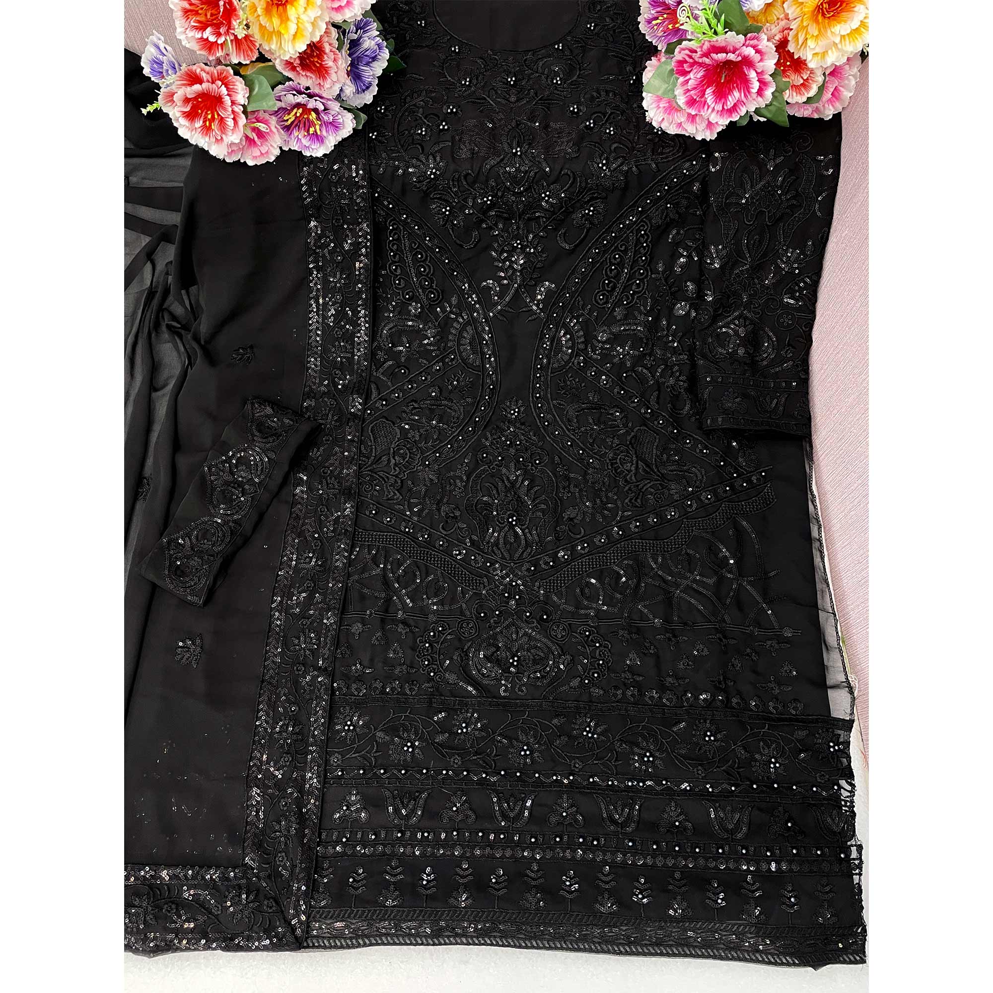 Black Embroidered Georgette Semi Stitched Pakistani Suit