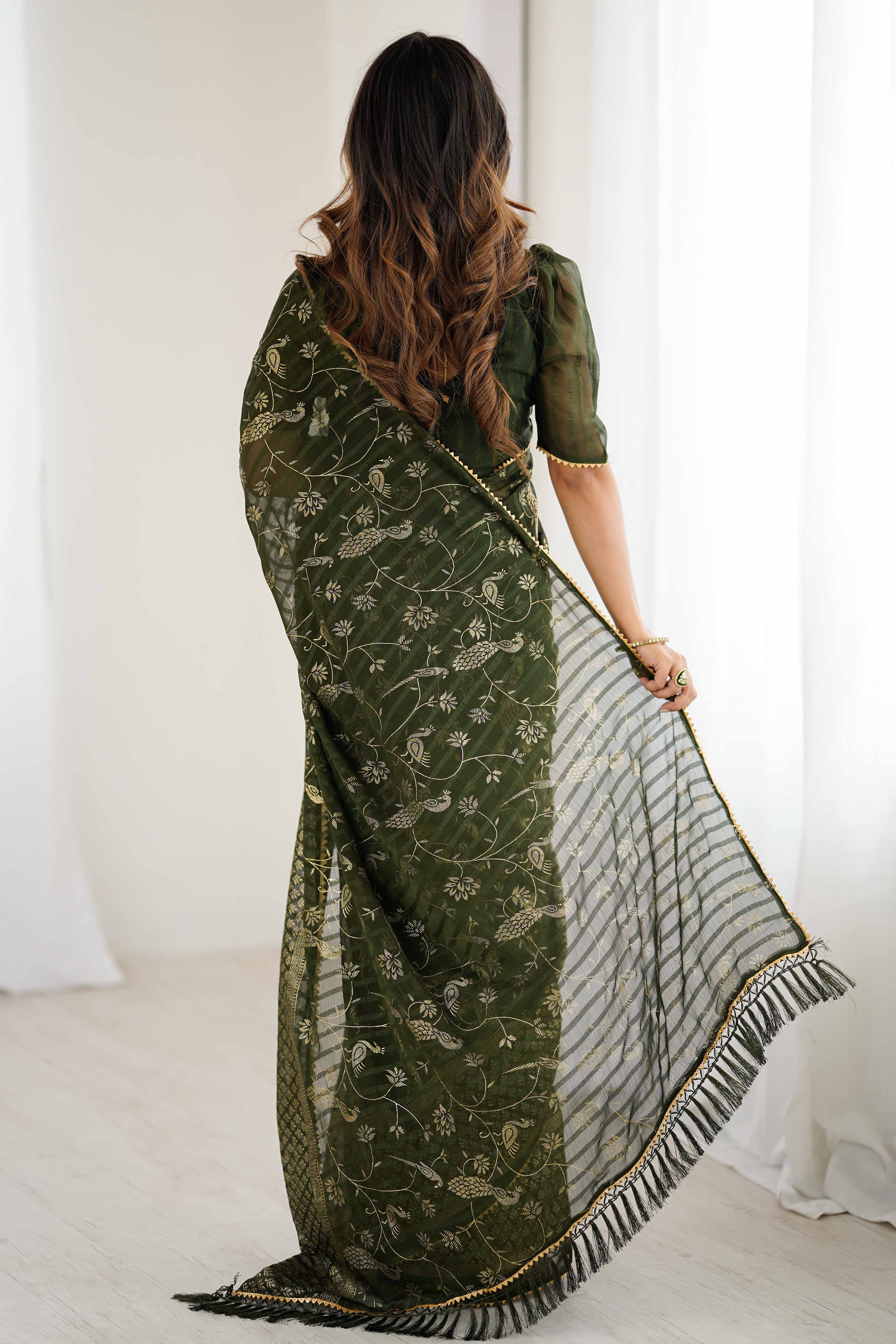 Mehendi Green Georgette Saree with Shimmering Foil Print & Gota Patti Border