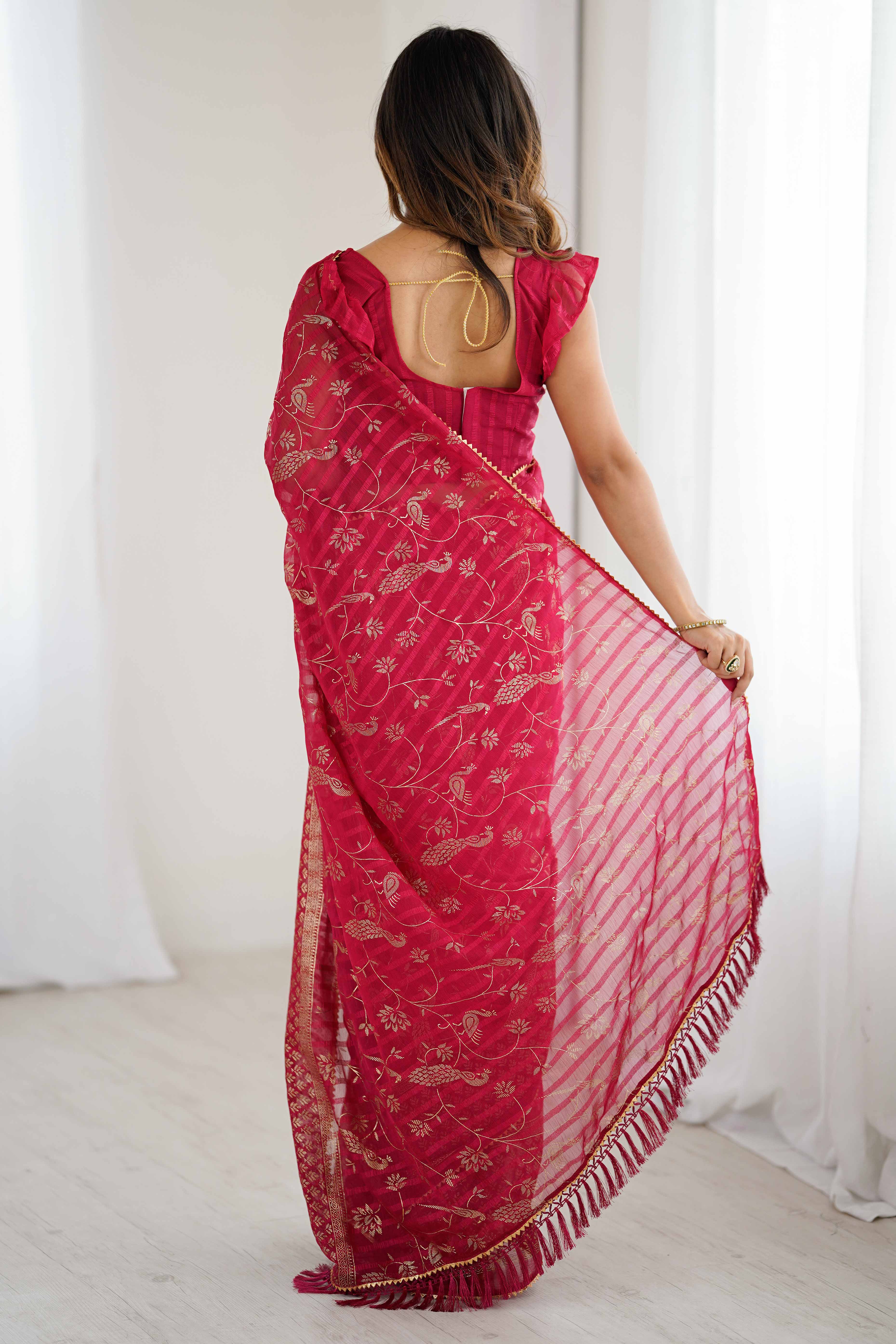 Pink Georgette Saree with Shimmering Foil Print & Gota Patti Border