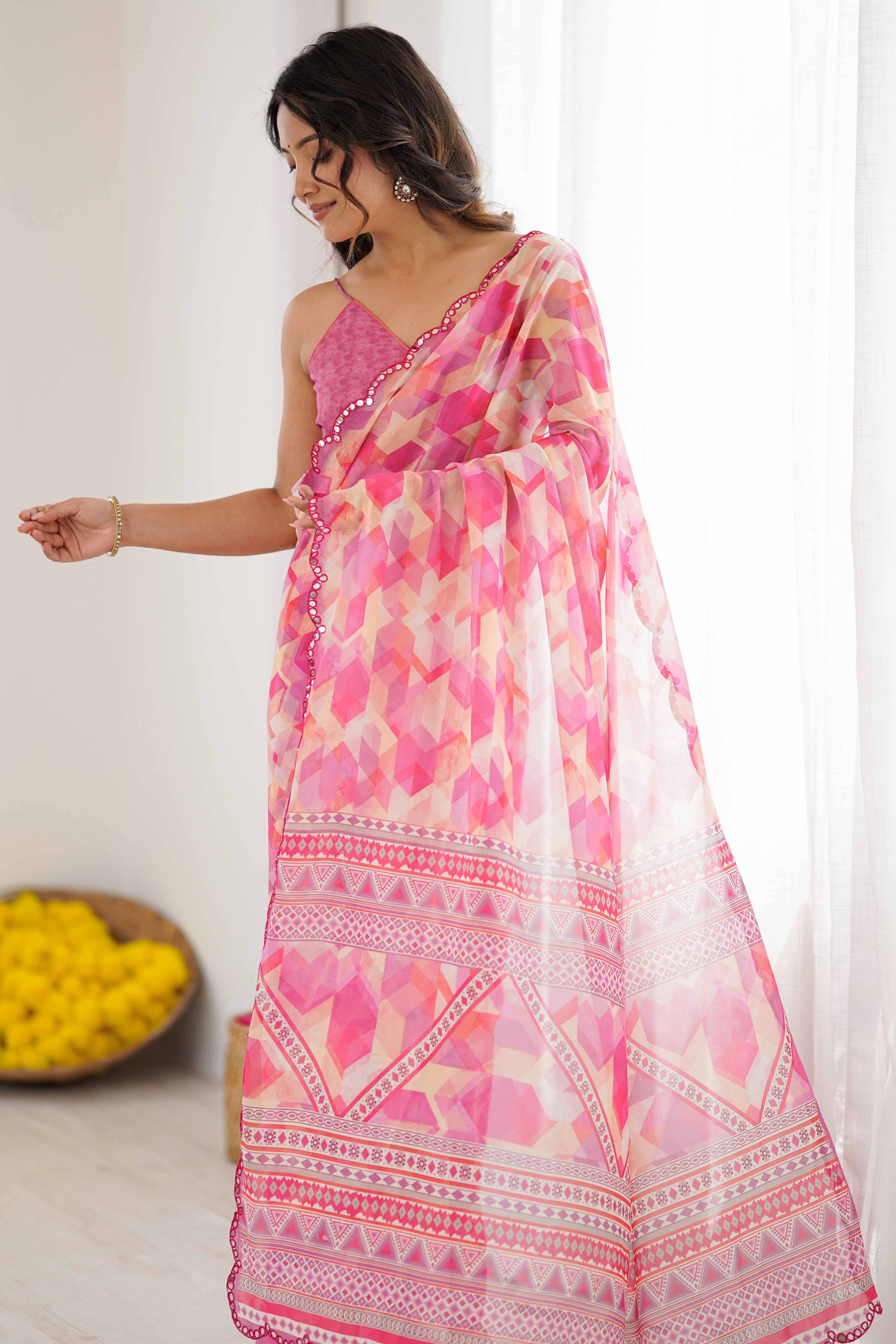 Pink Georgette Saree Featuring Digital Print & Mirror Embroidery Border
