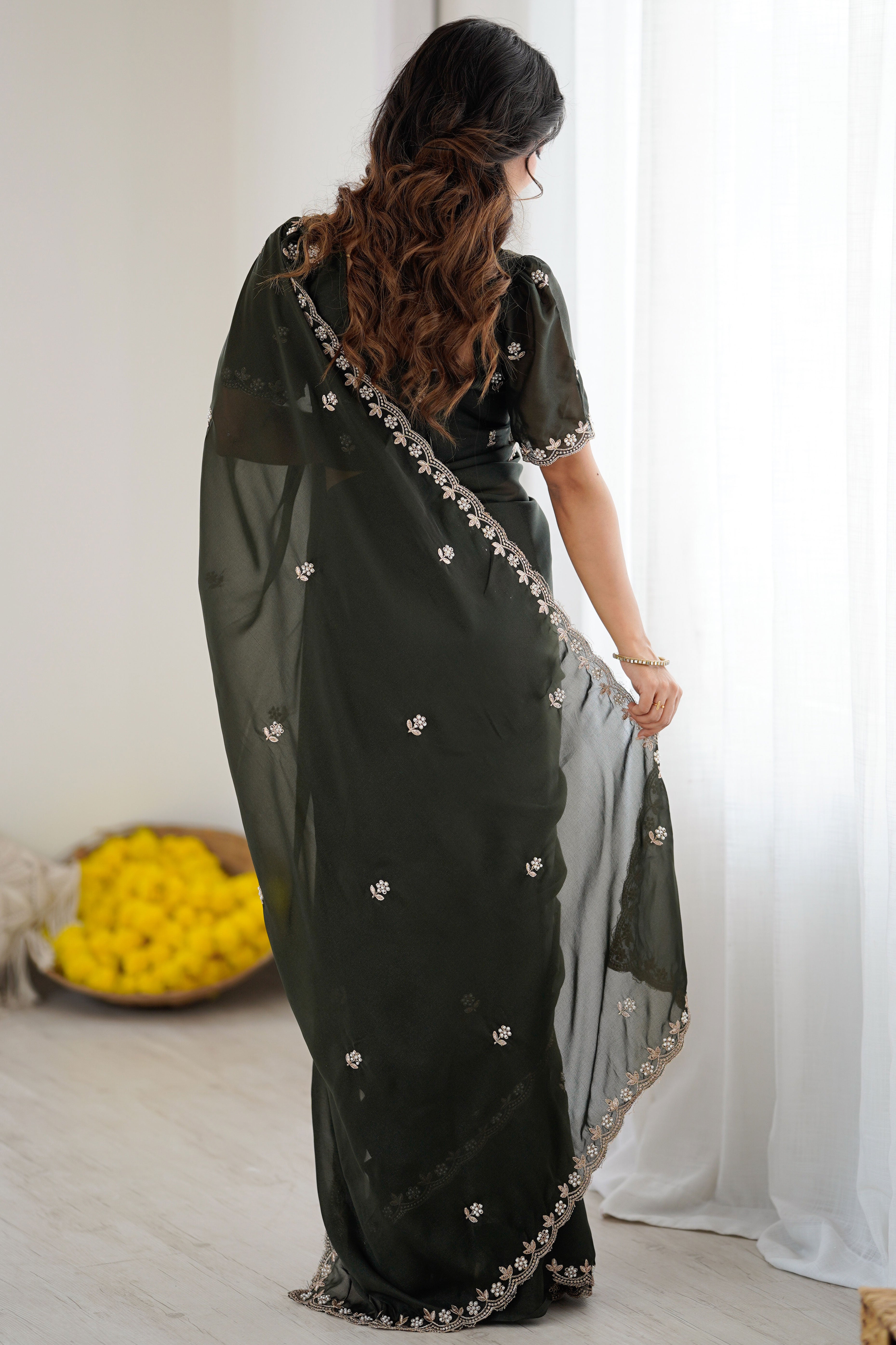 Mehendi Green Partywear Star Georgette Saree Adorned with Floral Embroidery and Beads Work