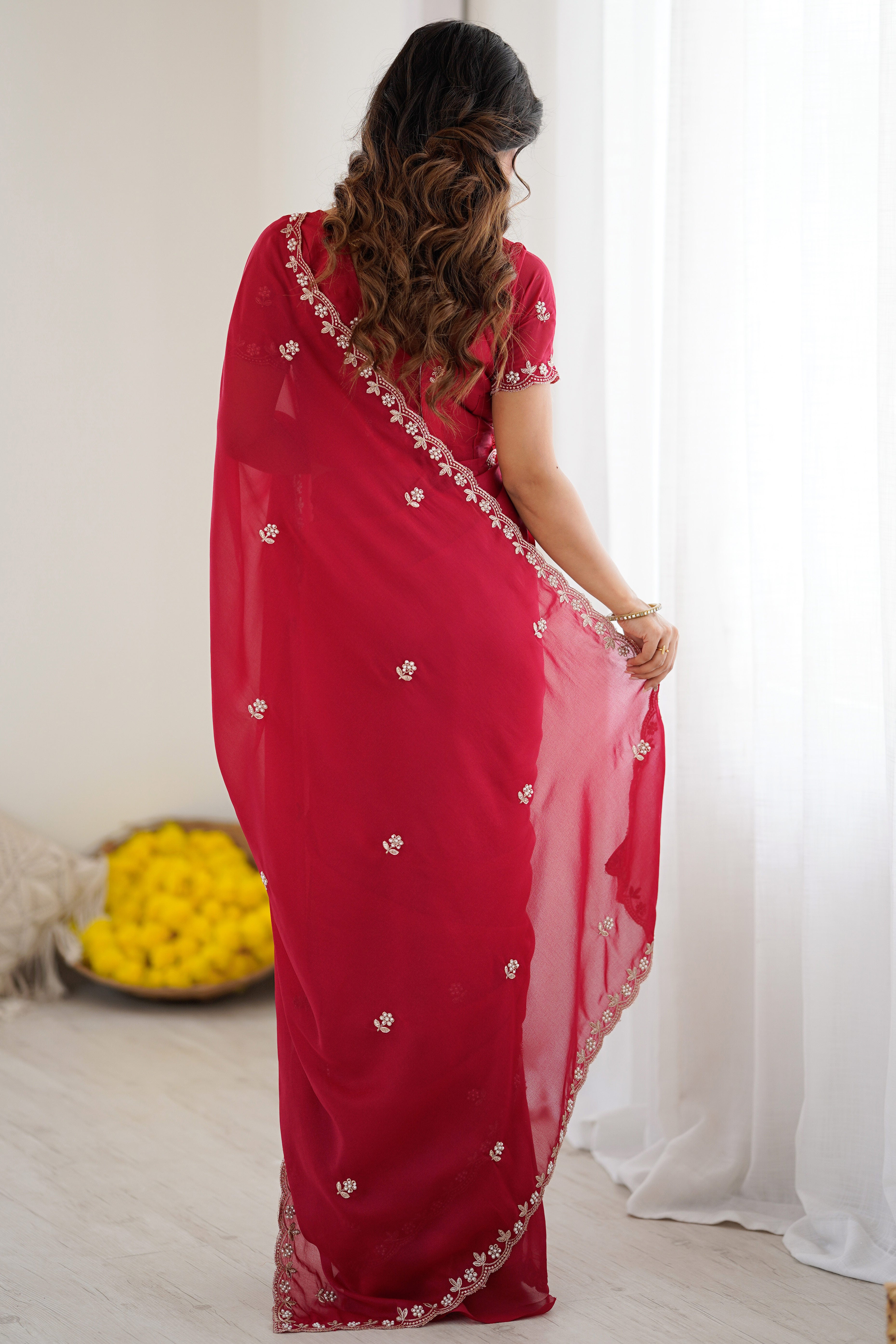 Pink Partywear Star Georgette Saree Adorned with Floral Embroidery and Beads Work