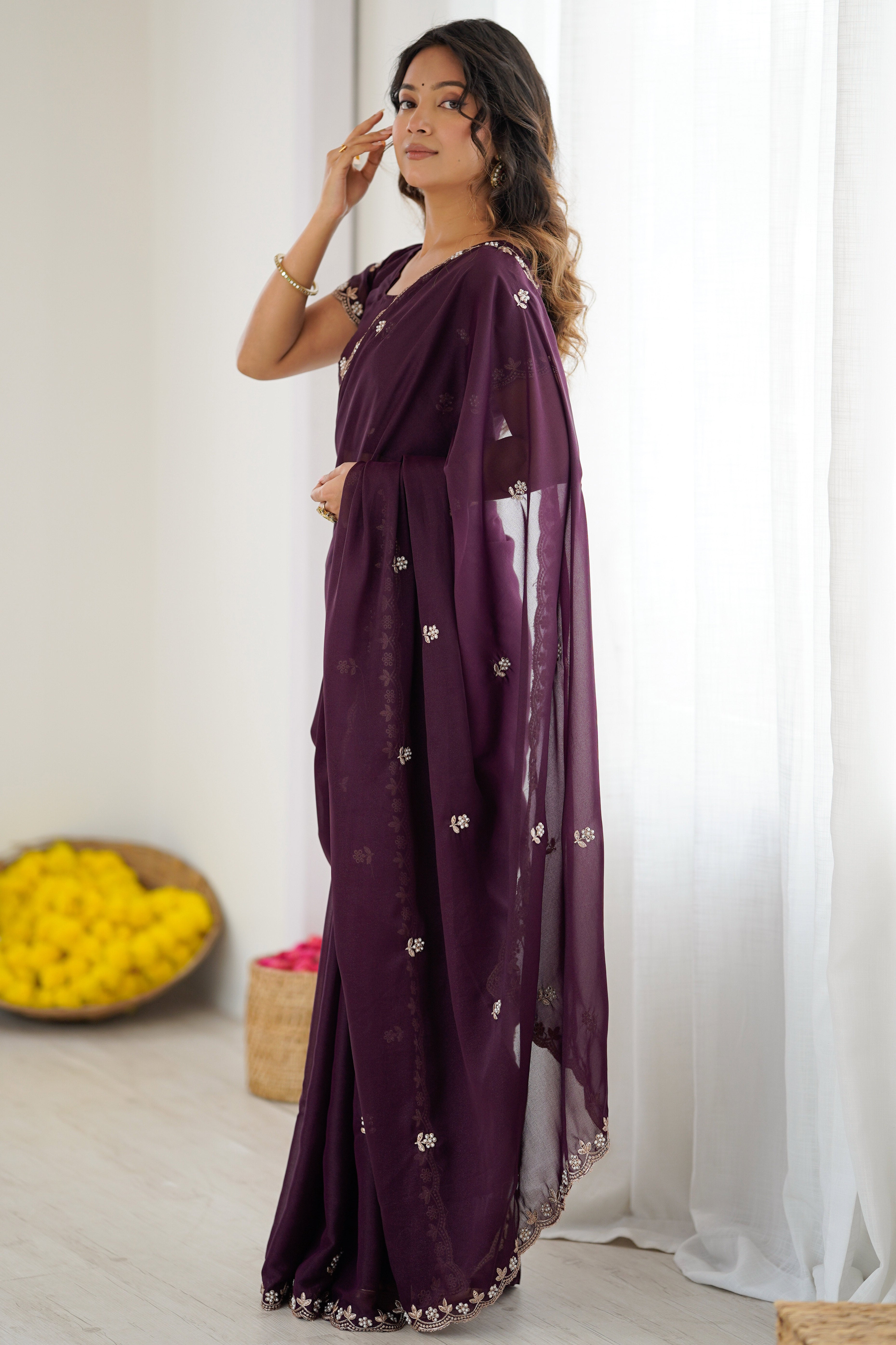 Wine Partywear Star Georgette Saree Adorned with Floral Embroidery and Beads Work