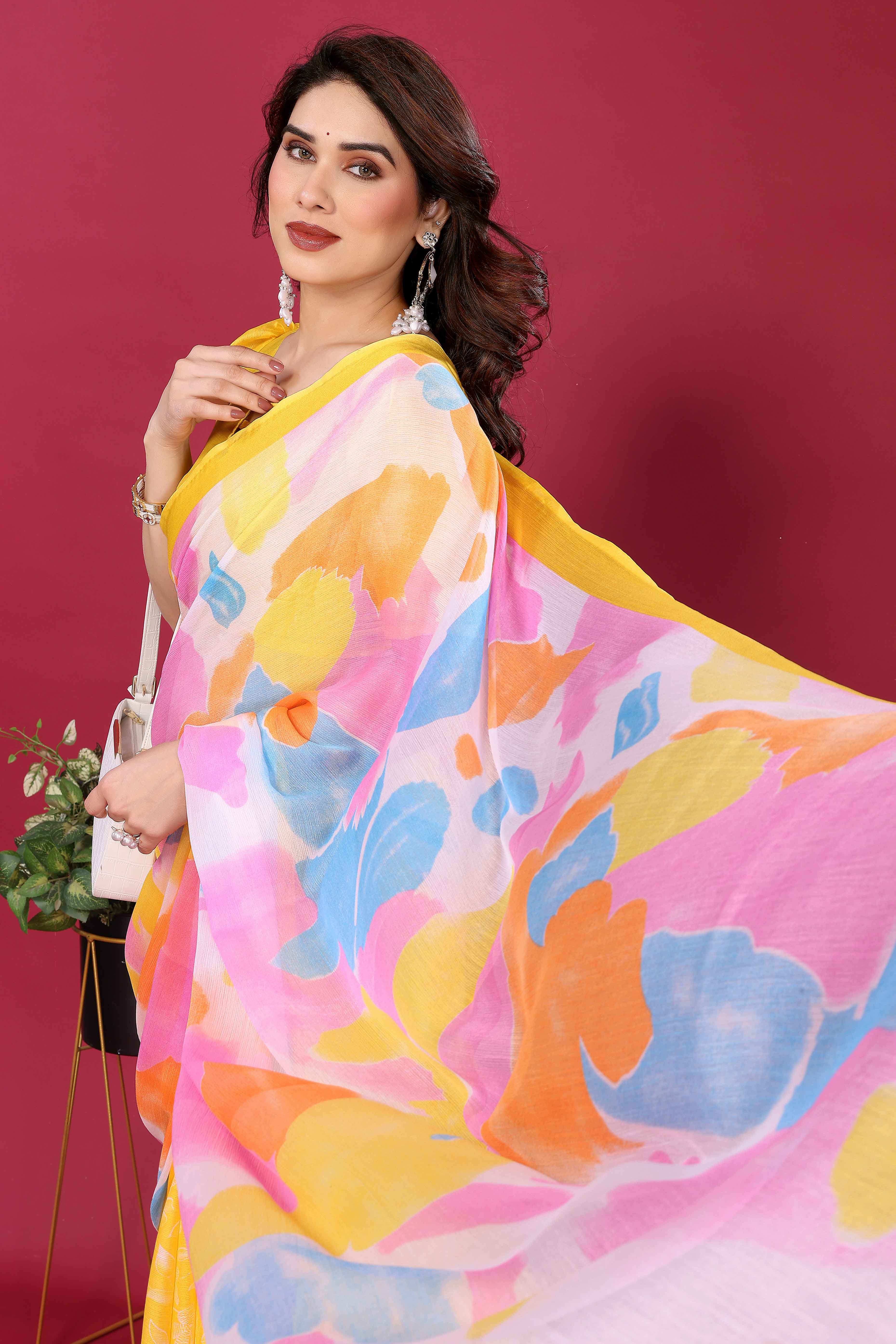 Elegant Yellow Abstract Print Saree in Lightweight Chiffon