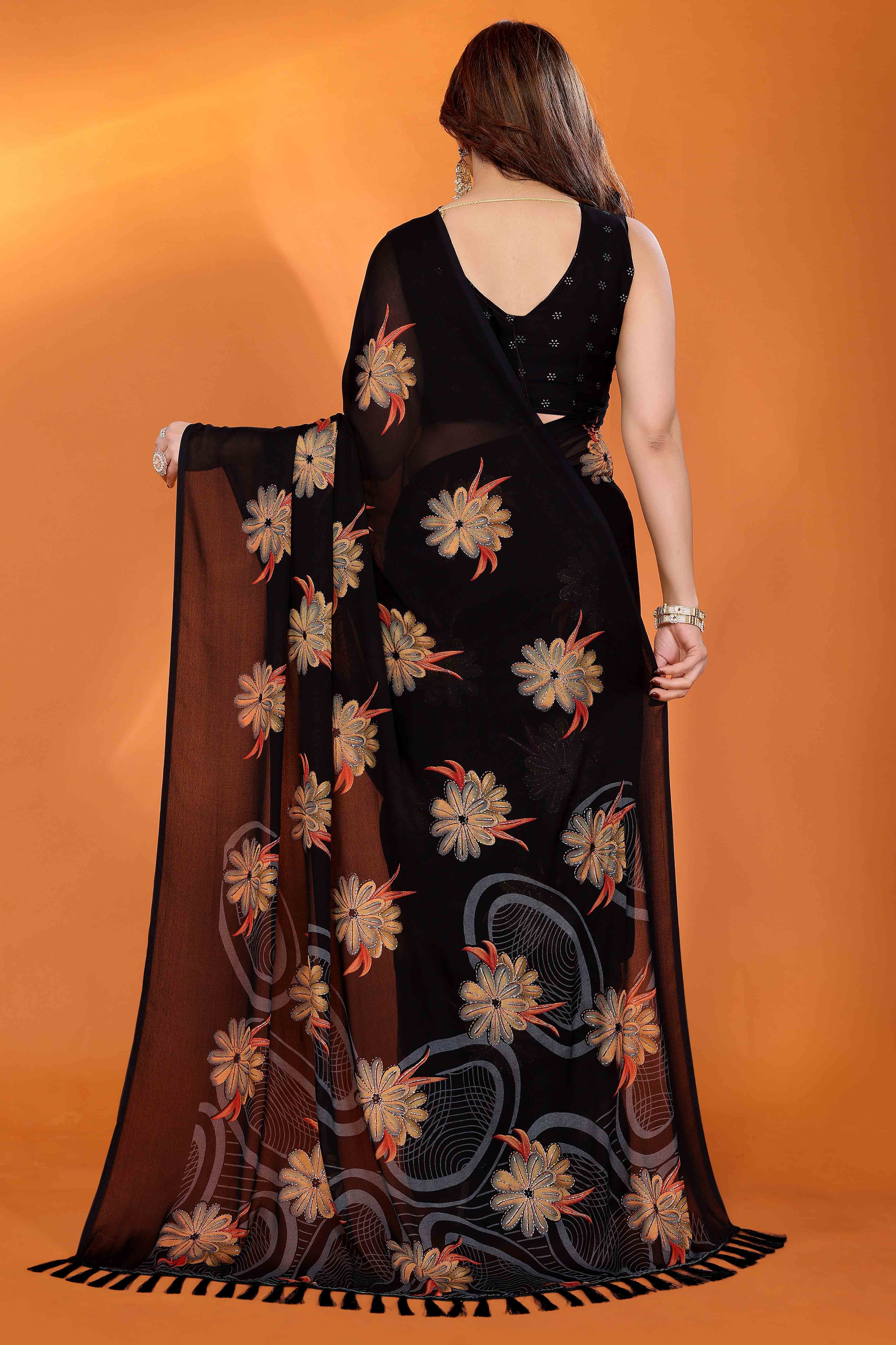 Black Printed Saree with Zari Woven Charm in Satin Fabric