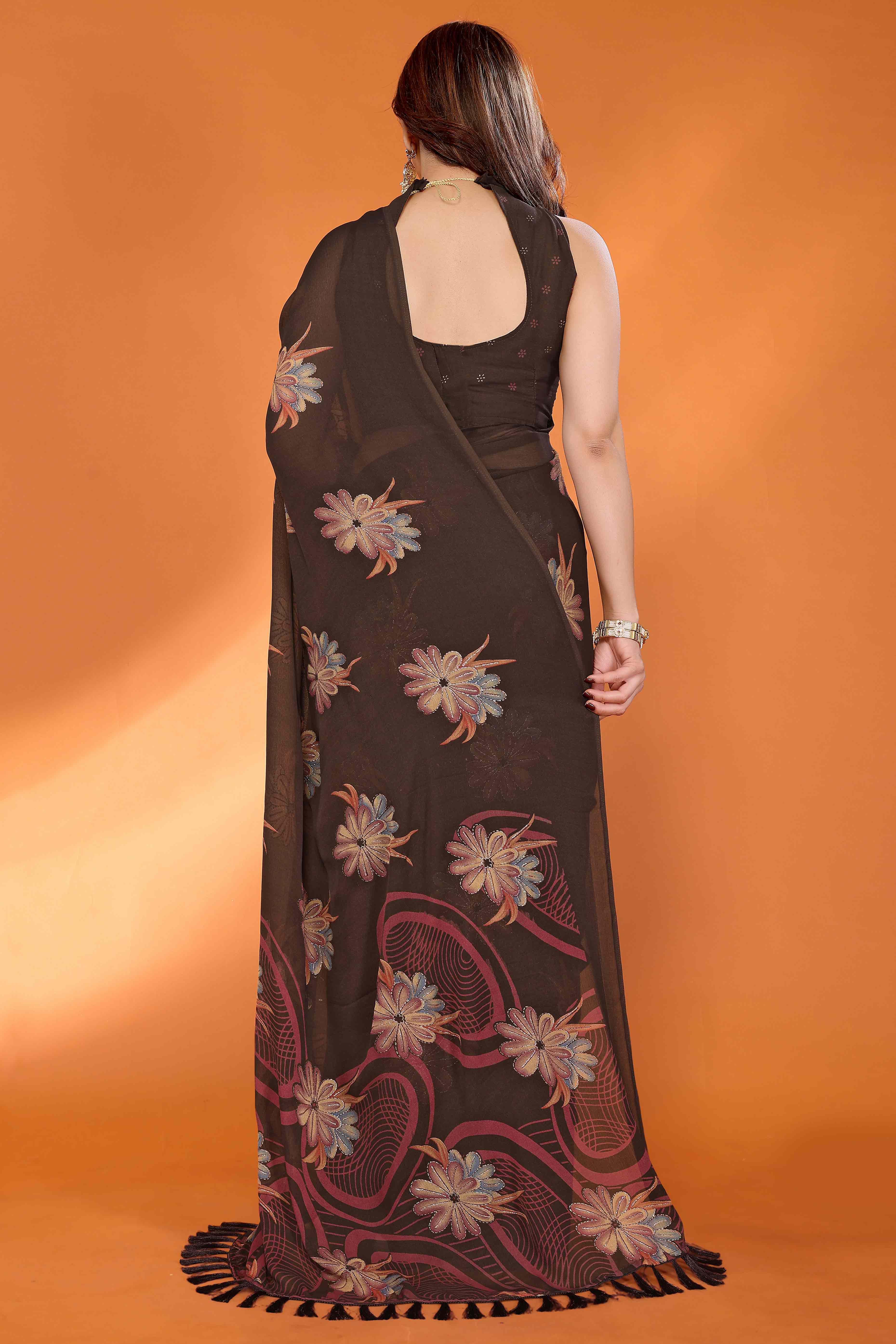 Brown Printed Saree with Zari Woven Charm in Satin Fabric