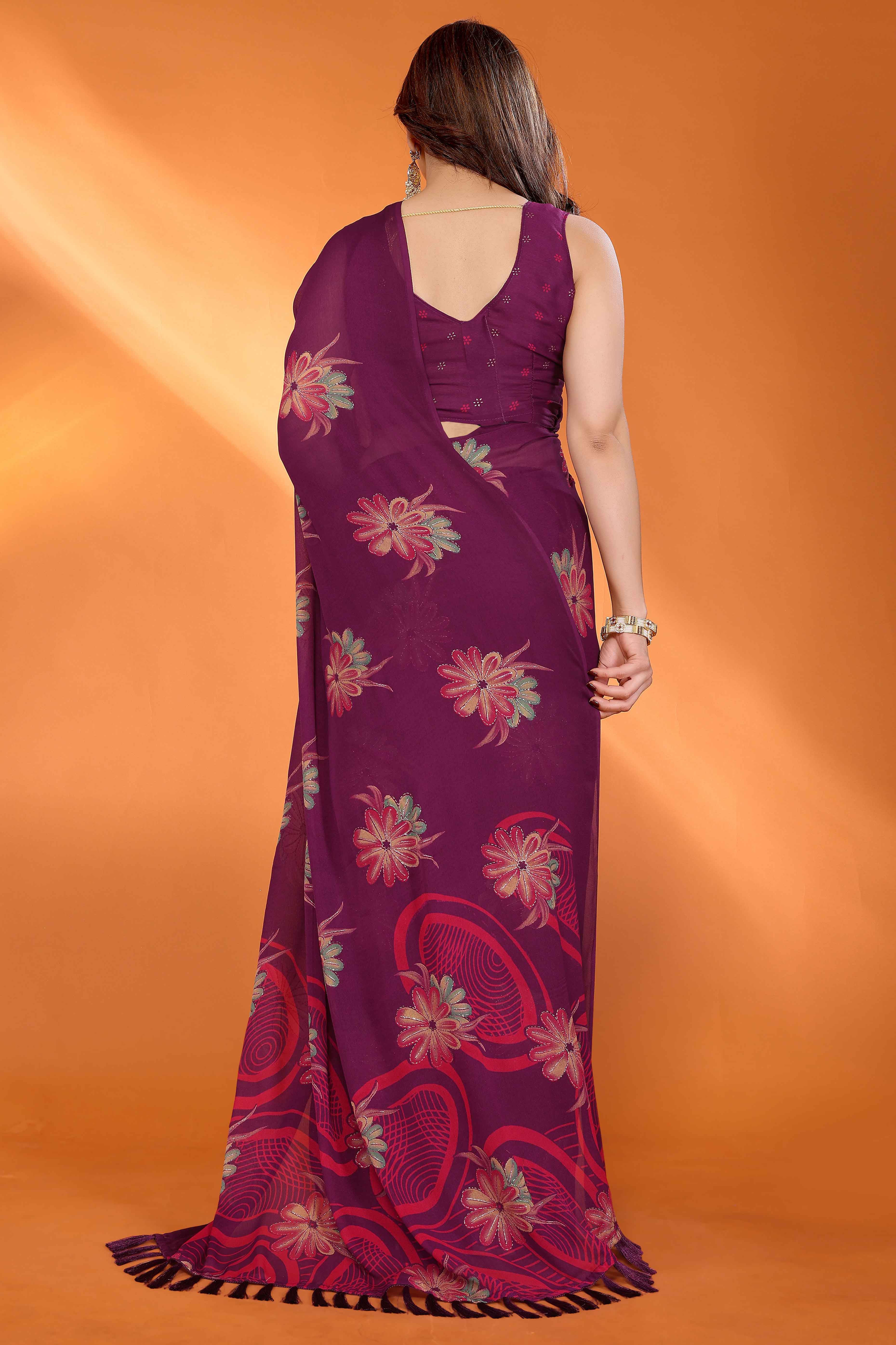 Dark Purple Printed Saree with Zari Woven Charm in Satin Fabric