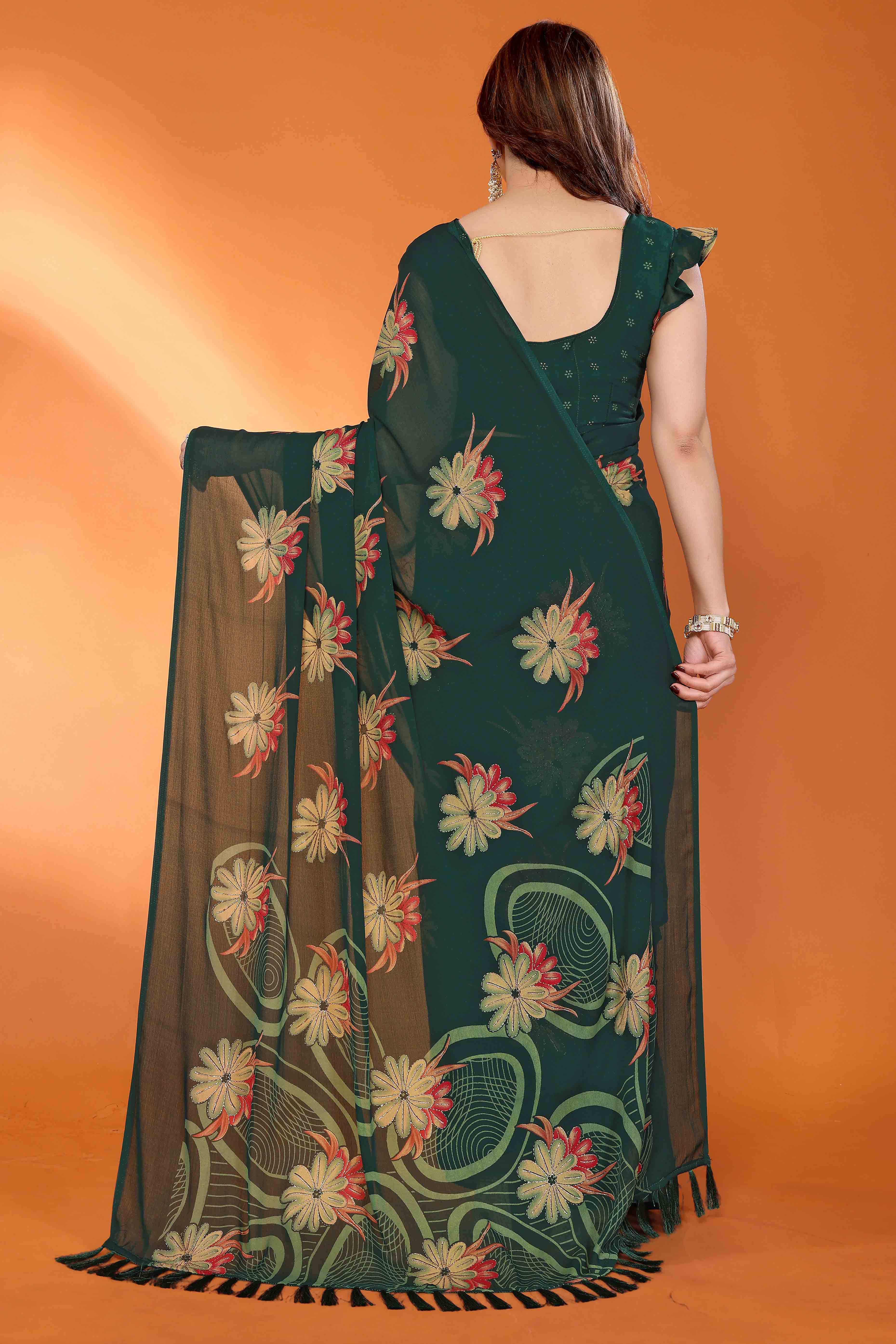 Green Printed Saree with Zari Woven Charm in Satin Fabric
