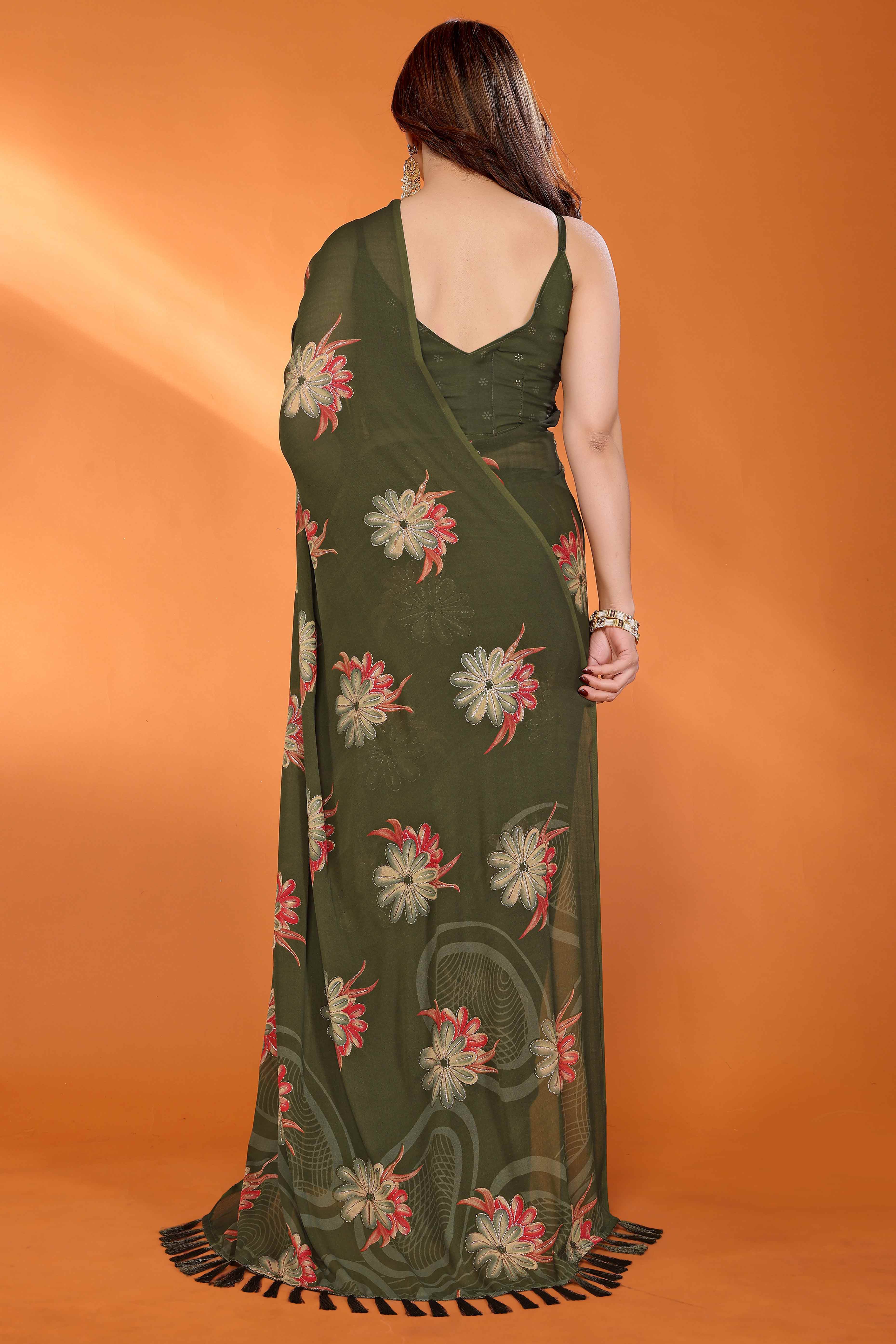 Mehendi Green Printed Saree with Zari Woven Charm in Satin Fabric