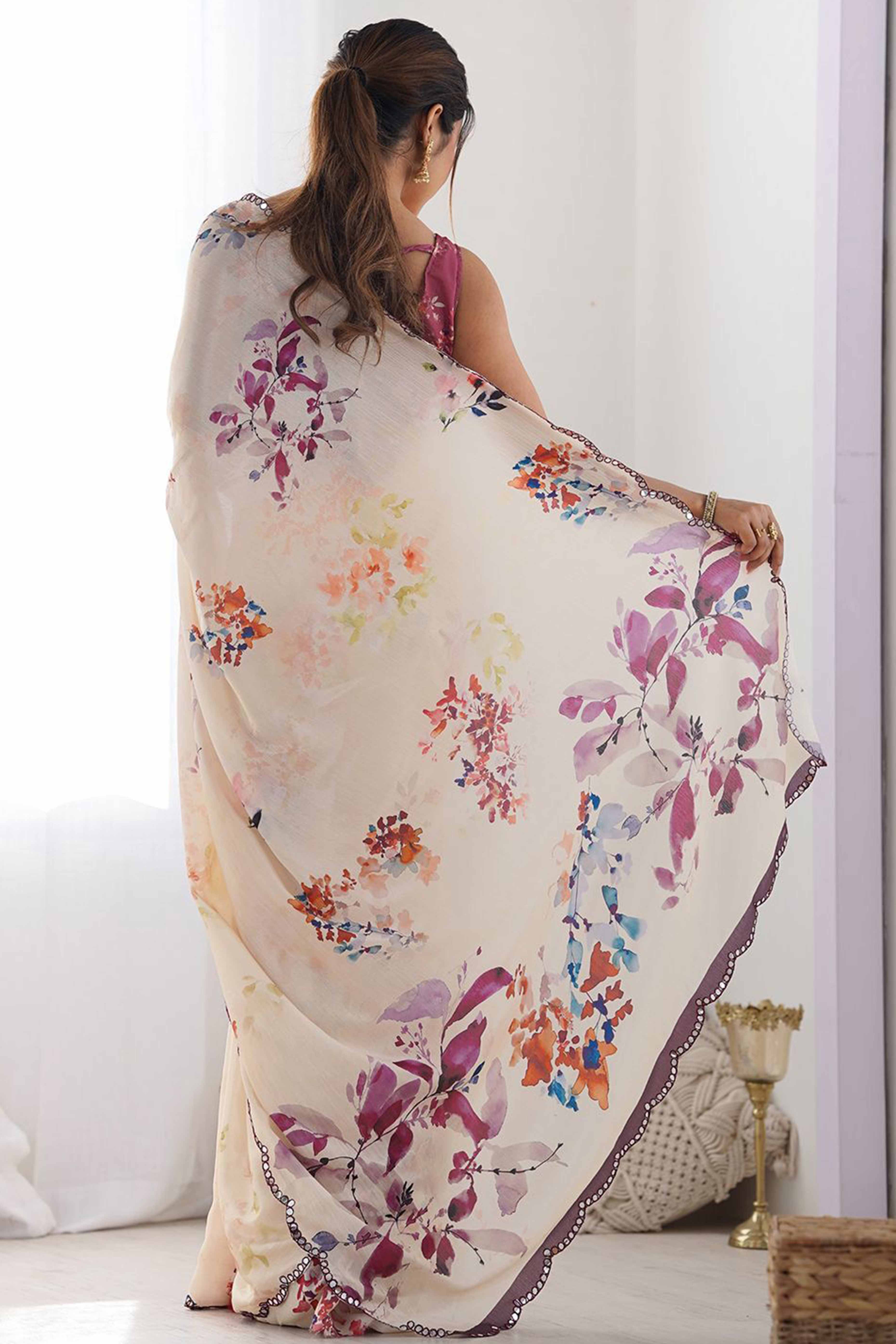 Cream Floral Digital Print Georgette Saree Enhanced With A Sparkling Lace Border