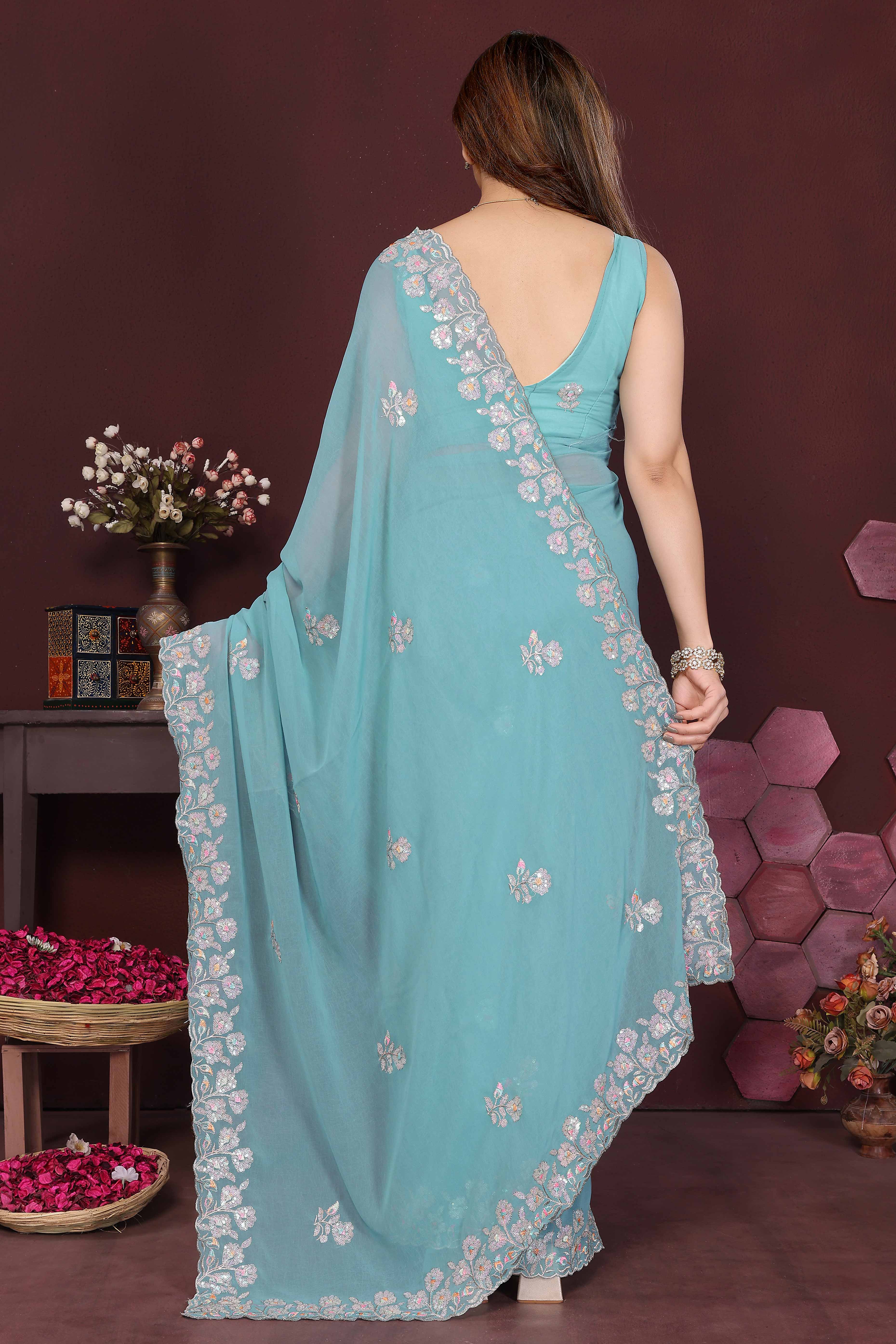 Blue Georgette Saree Featuring Intricate Floral Sequin Embroidery