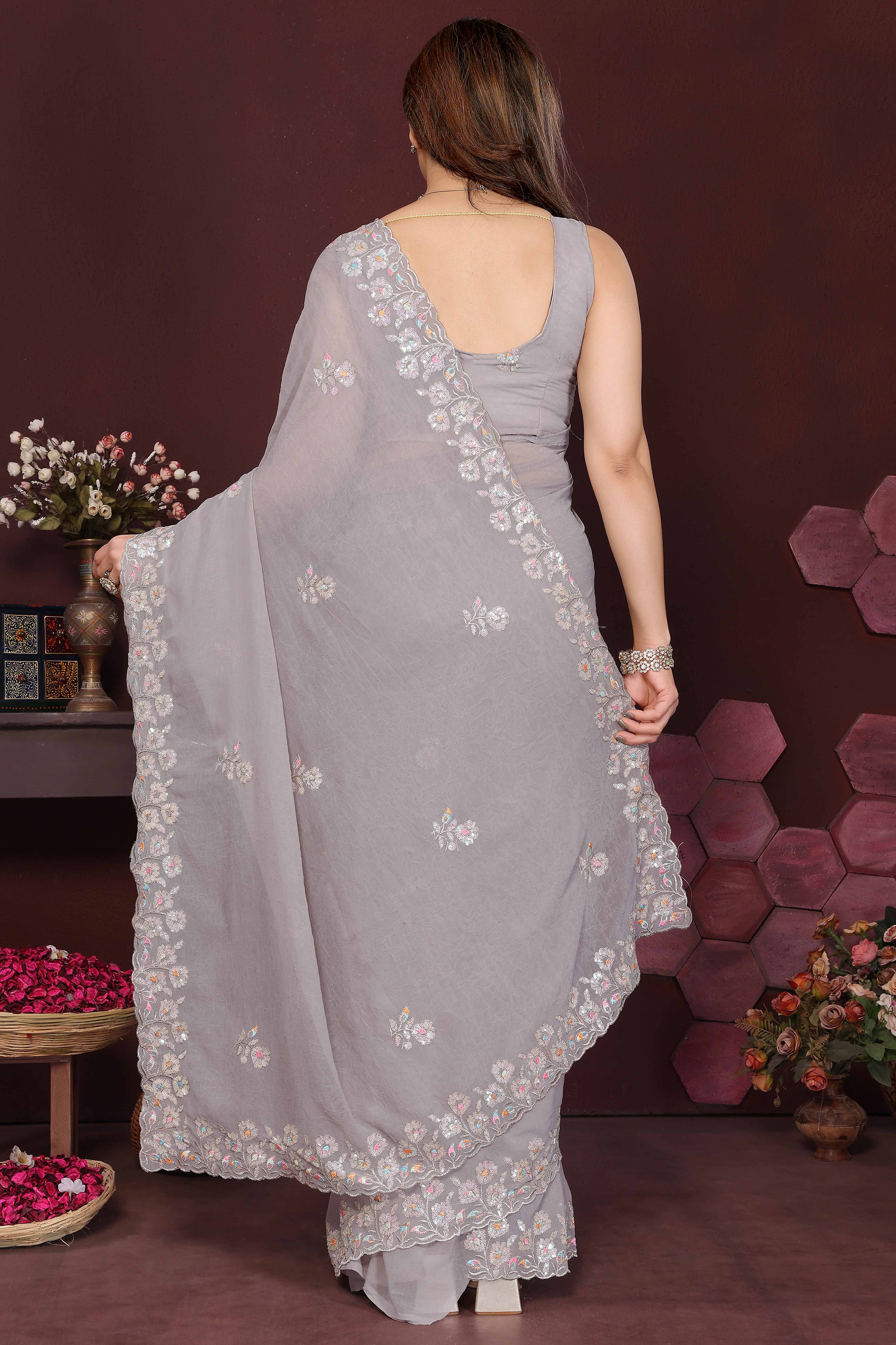 Grey Georgette Saree Featuring Intricate Floral Sequin Embroidery