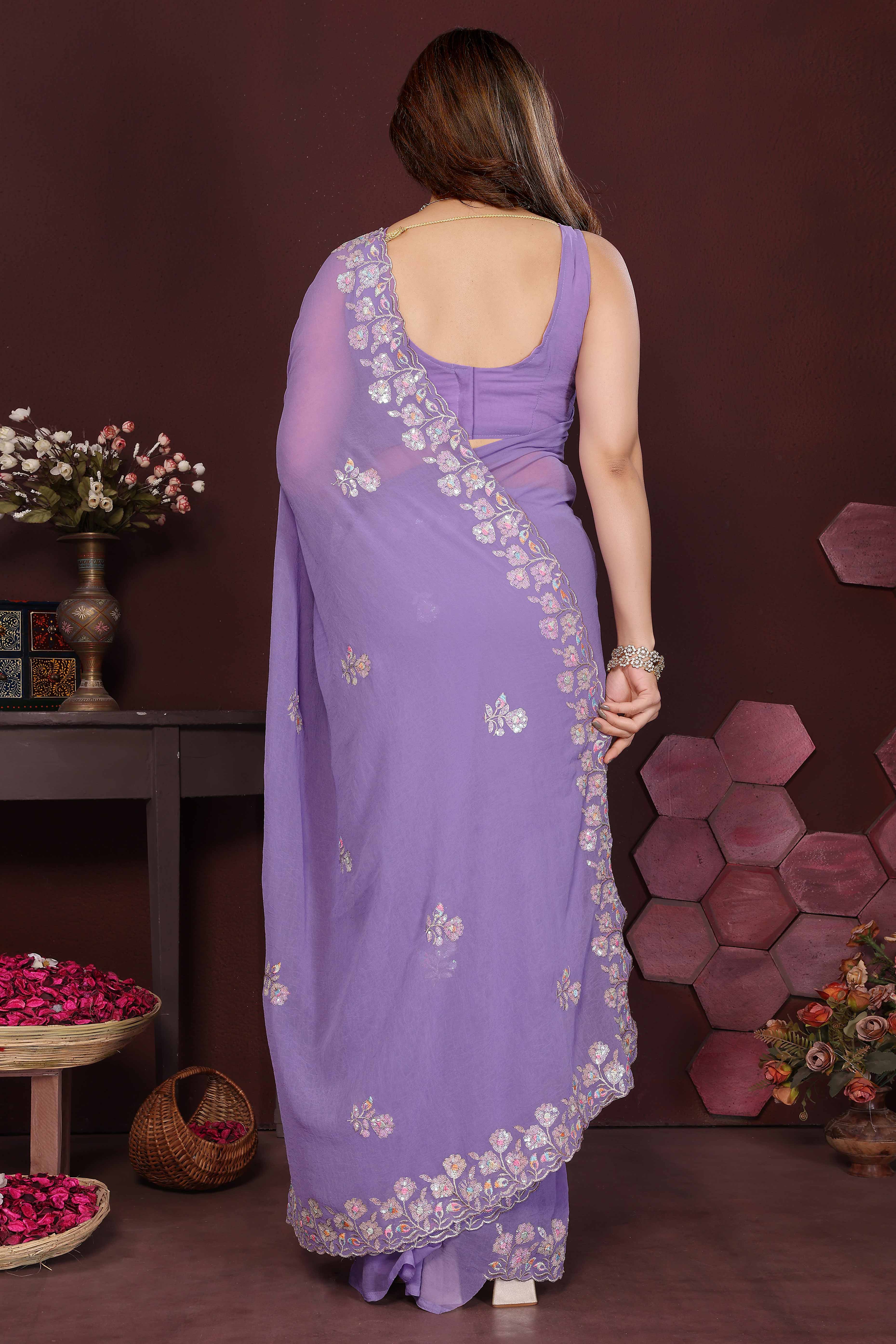 Lavender Georgette Saree Featuring Intricate Floral Sequin Embroidery