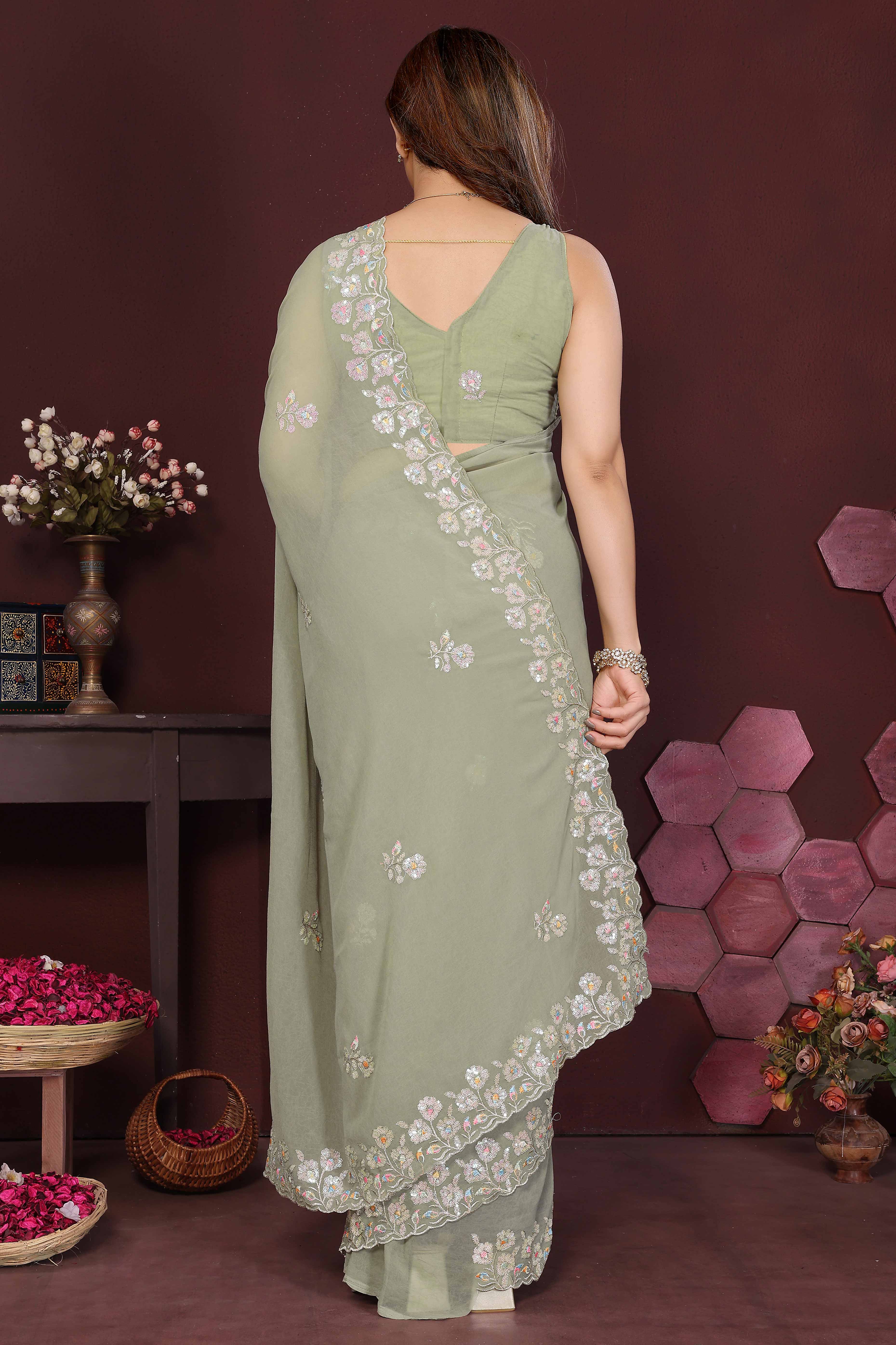 Pista Green Georgette Saree Featuring Intricate Floral Sequin Embroidery